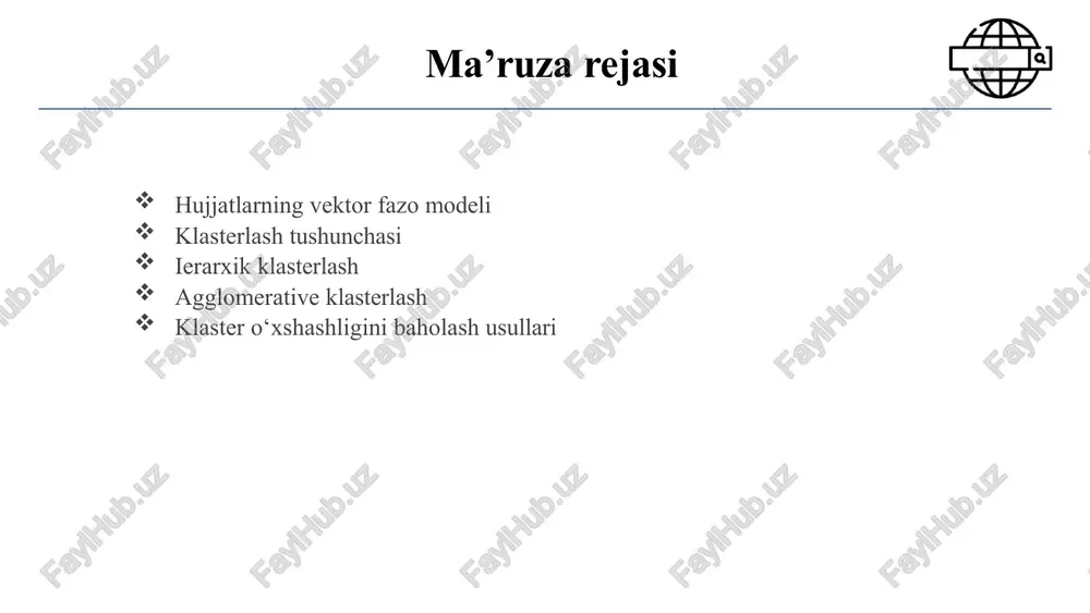 hligiga qarab klasterlarda guruhlash uchun ishlatiladi. klasterlash usullari (ierarxik klasterlsh) ierarxik klasterlash ierarxik klasterlashning ikkita asosiy turi agglomerative: aglomerativ ierarxik klasterlash (pastdan yuqoriga): protsedura 1 o‘lchamdagi n ta klasterdan boshlanadi (har bir kuzatuv o‘z klasteriga ega) va n o‘lchamdagi 1 ta klaster bilan tugaydi (barcha kuzatishlarni o‘z ichiga olgan bitta klaster). divisive: bo‘linuvchi ierarxik klasterlash (yuqoridan pastga): barcha kuzatuvlar dastlab bitta klasterning bir qismidir. ushbu boshlang'ich klaster har bir kuzatish o'z-o'zidan klaster hosil qilmaguncha, rekursiv ravishda kichikroq va kichikroq klasterlarga bo'linadi. an’anaviy ierarxik algoritmlar o‘xshashlik yoki masofa matritsasidan foydalanadi bir vaqtda bitta klasterni birlashtiring yoki ajrating agglomerative klaterlash 12 ierarxik klasterlash ierarxik klasterlash ierarxik daraxt sifatida tashkil etilgan ichki klasterlar to‘plamini ishlab chiqaradi. dendrogramma – birlashtirish yoki bo‘linish ketma-ketligini qayd etadigan daraxtga o‘xshash diagramma 1 3 2 5 4 6 0 0.05 0.1 0.15 0.2 1 3 4 5 2 6 1 2 3 4 5 ierarxik klasterlashning kuchli tomonlari …