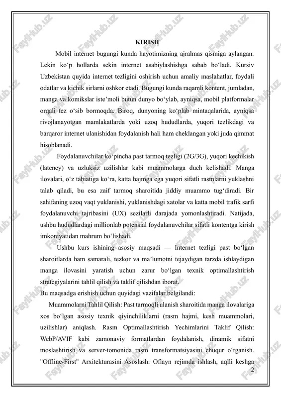 manga ilovasini yaratish uchun zarur bo‘lgan texnik optimallashtirish strategiyalarini tahlil qilish va taklif qilishdan iborat. bu maqsadga erishish uchun quyidagi vazifalar belgilandi: muammolarni tahlil qilish: past tarmoqli ulanish sharoitida manga ilovalariga xos bo‘lgan asosiy texnik qiyinchiliklarni (rasm hajmi, kesh muammolari, uzilishlar) aniqlash. rasm optimallashtirish yechimlarini taklif qilish: webp/avif kabi zamonaviy formatlardan foydalanish, dinamik sifatni moslashtirish va server-tomonida rasm transformatsiyasini chuqur o‘rganish. "offline-first" arxitekturasini asoslash: oflayn rejimda ishlash, aqlli keshga olish va fon rejimida oldindan yuklash (prefetching) mexanizmlarini ishlab chiqish. tarmoq faoliyatini boshqarishni o‘rganish: http/2 kabi protokollardan foydalanish va ma’lumotlar so‘rovini samarali birlashtirish usullarini ko‘rib chiqish. foydalanuvchi tajribasini yaxshilash: optimal ux dizayn elementlari (progressiv yuklash, lite-rejim) yordamida foydalanuvchining kutish vaqtini sezilmaydigan qilish. ushbu tadqiqot natijalari manga kontentini yanada keng auditoriyaga yetkazishda amaliy ahamiyatga ega bo‘lib, cheklangan tarmoq sharoitida ishlaydigan har qanday media-ilovalar uchun muhim namunaviy yechim bo‘lib xizmat qiladi. zamonaviy mobil dasturlar va internet xizmatlarining jadal rivojlanishi yuqori tezlikdagi keng polosali …
