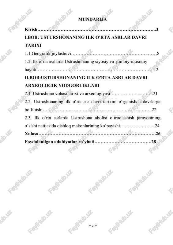 osiyo arxealogiyasi fani olamshumul ahamiyatga ega bo`lgan kashfiyotlar, jahon xalqlari tarixida takrorlanmas saxifalar ochuvchi yangi, qimmatli ma`lumotlar, qadimgi davr madaniyati, amaliy san`ati, me`morchiligi, xunarmandchiligiga mansub nodir topilmalar osoru atiqalar bilan yanada boyildi. bu esa o`rta osiyo hududida inson istiqomati va ishlab chiqarish faoliyati bir necha ming yillardan buyon qaror topganligi, bu muqaddas qadamjoy dunyo sivilizatsiyasining asosiy va eng qadimgi madaniyat markazlaridan biri bo`lganligini yana bir bor e`tirof etadi.lekin bu muvaffaqiyatlar katta geografik mintaqani qamrab oluvchi o`rta osiyo xususan, o`zbekiston arxealogiyasi fanida barcha muammolar izchillik bilan xal etilgan degan ma`noni bildirishga asos bo`lolmaydi. mavzuni o’rganilganlik darajasi. “ilk o‘rta asrlarda ustrushona” mavzusi tarixshunoslikda muhim o‘rin tutadi va bu borada bir qator mahalliy hamda xorijiy olimlar tomonidan ilmiy izlanishlar olib borilgan. dastlab, ustrushona haqida ilk ma’lumotlar arab tarixchilari va geograflarining (al-tabariy, balazuriy, istaxriy, ibn xurdodbeh, ya’qubiy va boshqalar) asarlarida uchraydi. bu manbalar ustrushonaning siyosiy hayoti, ijtimoiy tuzilishi va arab xalifaligi bilan aloqalari to‘g‘risida …