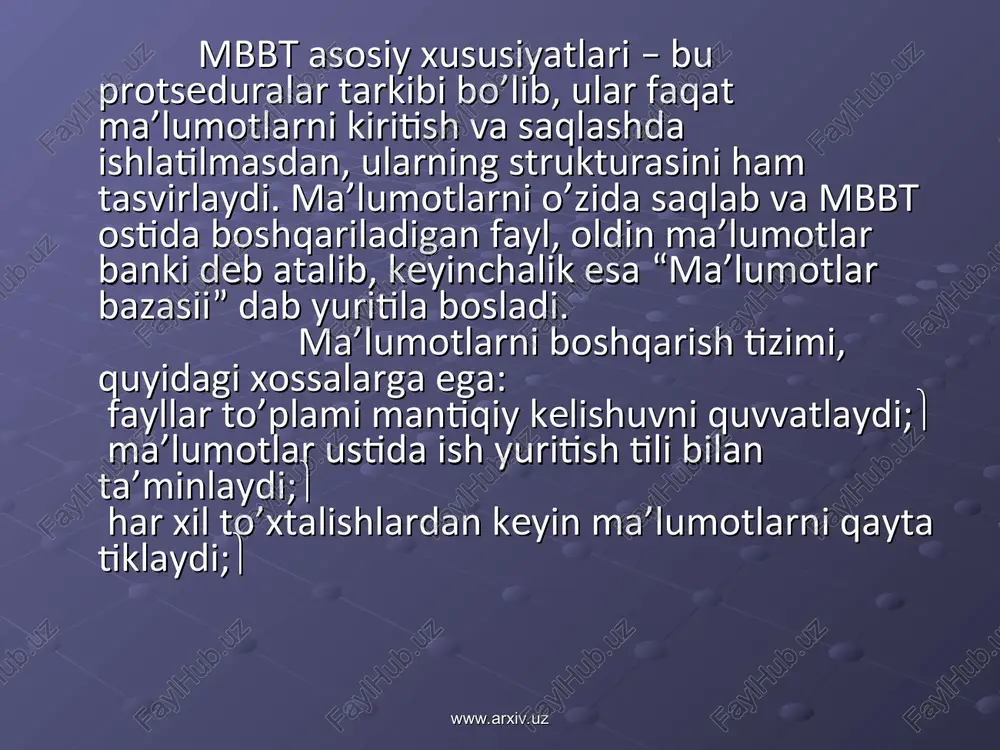 et operatsiyalar yordamida mbbtga ta’sir etishdir. tranzaktsiya ma’lumotlar bazasini bir butun holatdan ikkinchi bir butun holatga o’tkazadi, yoki agar ma’lum sababga ko’ra tranzaktsiyaning biror holati bajarilmaydigan bo’lsa yoki tizimda biror xatolik yuz bersa, ma’lumotlar bazasi boshlang’ich holatiga qaytadi. mbning mantiqiy butunligini quvvatlash uchun tranzaktsiya tushunchasi kerak. jurnalizatsiya www.arxiv.uz www.arxiv.uz www.arxiv.uz www.arxiv.uz mbbt ga bo’lgan asosiy talablardan biri bu tashqi xotirada ma’lumotlarning ishonchli saqlanishidir. ma’lumotlarning ishonchli saqlanishi deganda har qanday apparatli yoki dasturli to’tab qolishdan (sboydan) keyin mbbt mbning oxirgi holatini qayta tiklashi tushuniladi. odatda apparatli to’xtab qolish holati ikki xil bo’ladi: engil to’xtab qolish, ya’ni bunda kompyuter ishlashi kutilmaganda to’xtashi (masalan, elektr toki manbaining o’chishi), ikkinchisi qattiq to’xtab qolish, bu tashqi xotirada ma’lumotlarning yo’qolib ketishi bilan xarakterlanadi. dasturli to’xtab qolishlarga quyidagilarni keltirishi mumkin: mbbtning to’satdan buzilishi bilan ishni tugatishi (dastur xatosi bo’yicha yoki qaysidir apparatning to’xtab qolishi natijasida) yoki foydalanuvchi dasturining avariya bilan tugallanishi bo’lib natijada ayrim tranzaktsiyalar tugallanmasdan qoladi. …