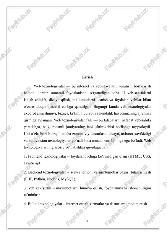 bo‘lsa-da, bugungi kunda u nafaqat brauzer, balki server va mobil platformalarda ham keng qo‘llanmoqda. real vaqt rejimida ishlash imkoniyati foydalanuvchiga sahifani qayta yuklamasdan yangi ma’lumotni olish, boshqa foydalanuvchilar bilan muloqot qilish yoki serverdagi jarayonlarni kuzatib borish imkonini beradi. masalan, chat dasturlari, onlayn o‘yinlar, aksiyalar kursi, ob-havo prognozi yoki transport monitoringi kabi loyihalar javascript va unga tegishli texnologiyalar yordamida amalga oshiriladi. shu bois ushbu kurs ishining asosiy maqsadi — javascriptning real vaqtda ishlash imkoniyatlarini ko‘rsatish, amaliy qo‘llanish sohalarini o‘rganish va misollar asosida tahlil qilishdan iborat. bugungi kunda mamlakatimizda raqamli iqtisodiyotni rivojlantirish, web texnologiyalarni keng joriy etish va yoshlarni ushbu sohada yetuk mutaxassis sifatida shakllantirishga alohida e’tibor qaratilmoqda. o‘zbekiston respublikasi prezidenti tomonidan qator muhim tashabbuslar ilgari surilib, normativ-huquqiy hujjatlar qabul qilindi. ularning barchasi zamonaviy texnologiyalarni rivojlantirish, kadrlar salohiyatini oshirish, xalqaro hamkorlikni kuchaytirish hamda mamlakatimizni global raqamli maydonda munosib o‘rin egallashga qaratilgan.quyida prezident qarorlari va tashabbuslarining ayrim muhim misollari va ularning mazmuni keltiriladi: …