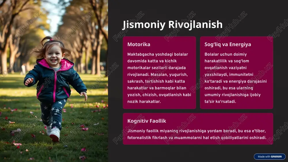 a qiziqarli o‘yinlar yordamida tasavvurini kengaytiradi. e’tibor va xotira uzoqroq vaqt davomida diqqatni jamlash va xotirani yaxshilash ko‘nikmalari rivojlanadi. 4 emotsional rivojlanish 1 o‘zini tushunish bola o‘z his-tuyg‘ularini anglay boshlaydi va ularga mos ravishda javob qaytaradi. 2 empatiya boshqalar his-tuyg‘ularini tushunish va ularga nisbatan rahm-shafqat ko‘rsatish qobiliyati shakllanadi. 3 stressni boshqarish bola kichik qiyinchiliklarga bardoshli bo‘lishni o‘rganadi. 5 ijtimoiy ko‘nikmalar muloqot qilish o‘rtoqlari va kattalar bilan samarali suhbatlashishni o‘rganadi. jamoada ishlash hamkorlik va guruhda bo‘lish qobiliyatlari rivojlanadi. qoidalar va mas’uliyat ijtimoiy qoidalarga rioya qilish va o‘z harakatlarini nazorat qilish ko‘nikmalari shakllanadi. 6 psixologik holat va xulq-atvor o‘ziga ishonch bola mustaqil harakat qilishga, yangi narsalarni sinab ko‘rishga tayyor bo‘ladi. adaptiv xulq atrofdagi o‘zgarishlarga moslashadi, stressga bardosh beradi. me’yorda xulq ijtimoiy va madaniy normalarga mos tartibli xulq shakllanadi. 7 maktabgacha yoshdagi rivojlanishga ta’sir qiluvchi omillar oila muhiti mehribon va qo‘llab-quvvatlovchi oila bolalarning rivojlanishini tezlashtiradi. ta’lim muhiti o‘yin va o‘rganishga yo‘naltirilgan pedagogik metodlar …