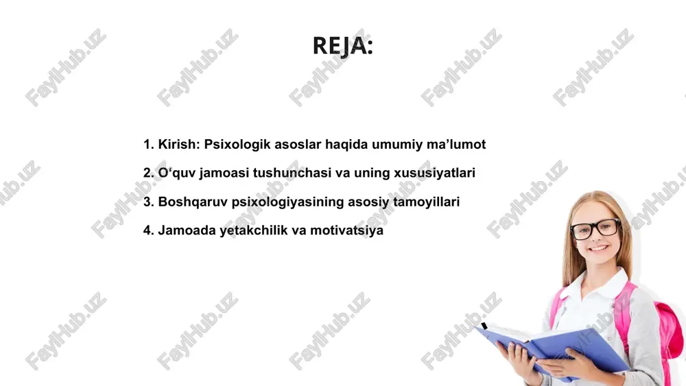 iga kuchli bog‘liq bo‘ladi. yetakchilik bu o‘rinda muhim unsur. motivatsiya jamoaning umumiy maqsadlariga erishishida asosiy omil hisoblanadi. rag‘batlantirish va ijobiy munosabat ish samaradorligini oshiradi hamda birlikni mustahkamlaydi. 01 jamoa ichida yetakchilik ijtimoiy va psixologik jarayonlarning uyg‘unlashgan ko‘rinishidir. yetakchi shaxs boshqalarni ilhomlantirish va yo‘naltirish vazifasini bajaradi. muloqot va psixologik iqlim o‘quv jamoasini boshqarishda samarali muloqot muhim ahamiyatga ega. o‘qituvchi va o‘quvchilar o‘rtasidagi tushuncha doimiy aloqaning asosidir. psixologik iqlim ijobiy bo‘lishi guruhlarda ishonchni kuchaytiradi. bu holat o‘quvchilarning motivatsiyasini oshiradi va bir-birini qo‘llab-quvvatlashni ta’minlaydi. samarali boshqaruv uchun muloqot madaniyati rivojlangan bo‘lishi kerak. ochiq fikr almashinuvi konfliktlarni kamaytirib, ijobiy muhit yaratadi va taraqqiyotni tezlashtiradi. nizo va muammolarni hal etish usullari o‘quv jamoasida nizolar tabiiy holat bo‘lishi mumkin, shuning uchun ularni professional tarzda hal qilish usullari muhim ahamiyatga ega bo‘ladi. psixologik yondashuv orqali muammo ildizini aniqlash, tinglash va tushunishga asoslangan muloqot muhim vosita sifatida samarali natija beradi. rahbar va jamoa a’zolari o‘rtasida ochiq muloqotni yo‘lga …
