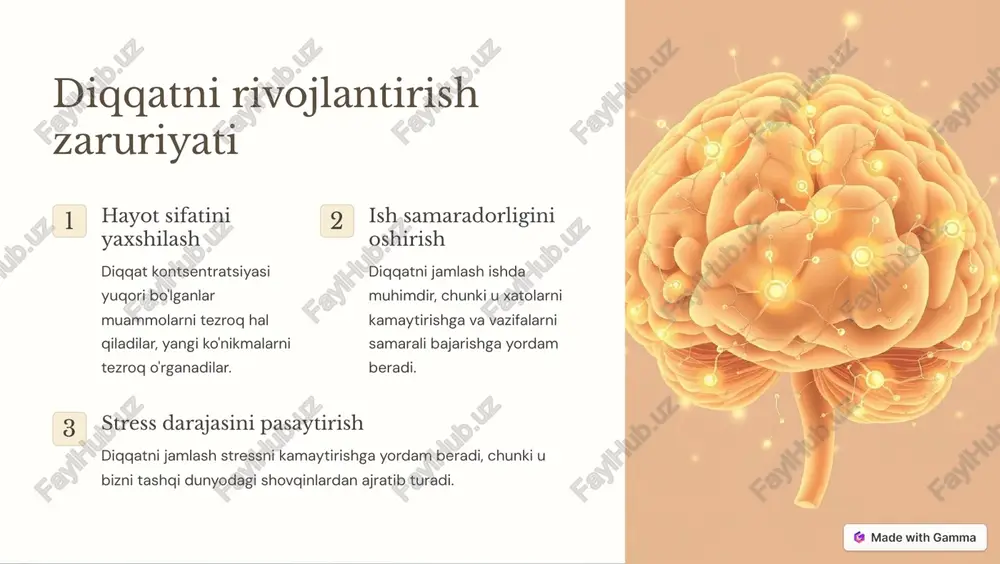 dam beradi. ijodiylik diqqatni jamlash yangi g'oyalarni yaratish va muammolarga ijodiy yondashuv topishga yordam beradi. https://gamma.app/?utm_source=made-with-gamma multitasking - diqqatni tarqatish 1 samaradorlikning pasayishi ko'p vazifani bajarish diqqatni bo'lishga olib keladi, bu esa har bir vazifani bajarish samaradorligini pasaytiradi. 2 xatolar diqqatning tarqalishi xatolar sonini ko'paytirishi mumkin, chunki u bizni har bir vazifaga to'liq e'tibor berishdan mahrum qiladi. 3 stress ko'p vazifani bajarish stress darajasini oshirishi mumkin, chunki u bizni doimiy ravishda turli vazifalar o'rtasida almashinishga majbur qiladi. https://gamma.app/?utm_source=made-with-gamma raqamli vositalar va diqqat doimiy chalg'ituvchilar smartfonlar, ijtimoiy tarmoqlar va boshqa raqamli vositalar bizni doimiy ravishda chalg'itib turadi. ma'lumotning ortiqcha miqdori internetda ma'lumotning ko'pligi diqqatni jamlashni qiyinlashtiradi, chunki biz doimiy ravishda yangi ma'lumotlar oqimiga duch kelamiz. aqliy charchoq raqamli vositalardan uzoq vaqt foydalanish aqliy charchoqni keltirib chiqarishi mumkin, bu esa diqqatni jamlashni qiyinlashtiradi. https://gamma.app/?utm_source=made-with-gamma diqqatni rag'batlantiradigan strategiyalar strategiya ta'sir bir vaqtning o'zida bir vazifaga e'tibor berish samaradorlikni oshirish va xatolarni kamaytirish chalg'ituvchi …