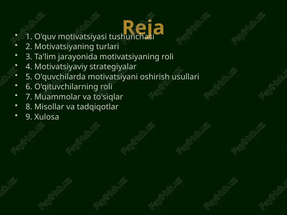 arayonini yanada qiziqarli va samarali qiladi. o'quvchilarda motivatsiyani oshirish usullari o'quvchilarning motivatsiyasini oshirish uchun o'qituvchilar bir qator usullarni qo'llashlari mumkin. bunga qiziqarli va interaktiv darslar o'tkazish, o'quvchilarning individual xususiyatlarini hisobga olish, ijobiy fikr va rag'batlantirishlar berish kiradi. o'quvchilarga qiziqarli materiallar taqdim etish va ularga tajribalar orqali o'rganishga imkon berish muhimdir. o'qituvchilarning roli o'qituvchilar motivatsiyaning asosiy omillaridan biridir. ular o'quvchilarga qo'llab-quvvatlash, maslahatlar berish va darslarni qiziqarli tarzda o'tkazish orqali motivatsiyalarini oshirishga yordam berishlari kerak. o'qituvchi o'z bilimlari bilan ta'sirchan bo'lishi, o'quvchilarni rag'batlantirishda ijodkorlik va sabr-toqatli bo'lishi zarur. muammolar va to'siqlar o'quv motivatsiyasini boshqarishda bir qator muammolar va to'siqlar mavjud. o'quvchilarning paraklaniqligi, qiyinchiliklarga duch kelishi, motivatsiya nuqtai nazaridan salbiy tajribalar va kuchli raqobat, bu jarayonga salbiy ta'sir ko'rsatishi mumkin. ta'lim muassasalarida o'quvchilarning ehtiyojlariga mos keladigan muhit yaratish zarur. misollar va tadqiqotlar motivatsiya o'quv jarayoniga ta'siri haqida ko'plab tadqiqotlar o'tkazilgan. misol uchun, o'quvchilarga qo'llaniladigan rag'batlantirish strategiyalari haqida olingan natijalar ko'rsatadi, ichki motivatsiyaning yuqori …