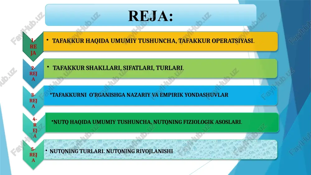 a va hodisalarni fikran tarkibiy qismlarga ajratishdan iborat aqliy jarayon. masalan: psixologiyada ong hodisasi analiz qilinar ekan, u aql iroda, hissiyot deb uch qismga ajiratiladi. biror o`simlikni o`rganishda uning qismlarini ildizi, tanasi, shohi, bargi, guli, mevasi va hokazolarni qismlarga bo`lib o`rganiladi. 2. sintez-yunoncha qo`shish, birlashtirish, narsa va hodisalarning tarkibiy qismlari va sifat xususiyatlarini fikran yoki amaliy ravishda bir butun qilib qo`yishdan iborat aqliy jarayondir. masalan: narsa hodisalarning muhim belgilari qo`shilishidan yaxlit bir tushuncha hosil bo`ladi. harflardan bo`g`inlar, bo`g`inlardan so`zlar, so`zlardan gap, gapdan nutq hosil bo`ladi. 3. taqqoslash-narsa va hodisalarni bir-bir solishtirish, ular o`rtasidagi o`xshashlik, farq, tenglik va qarama - qarshiliklarni topishdir. taqqoslash tafakkur jarayonlarida muhim ahamiyat kasb etadi. taqqoslash har qanday tushunish va har qanday fikrlashning negizidir, dunyodagi hamma narsalarni bir-biri bilan taqqoslamasdan bila olmaymiz. 4. umumlashtirish-tafakkurda aks etgan bir turkum narsalarning o`xshash, muhim belgilarni shu narsalar to`g`risida bitta tushuncha bo`lib fikran birlashtirish: masalan piyoz, kartoshka, karam, sabzi kabilarga xos …