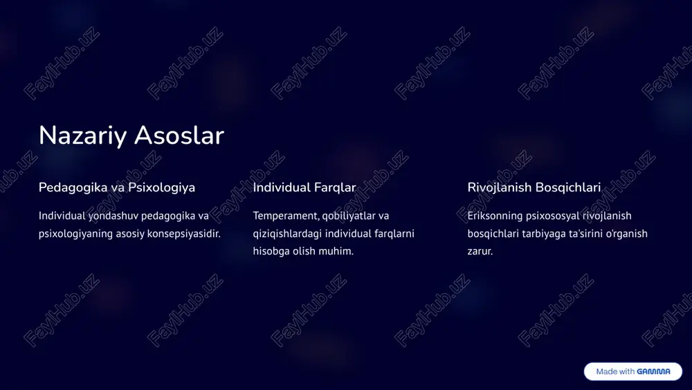 liyatlari, qiziqishlari va ehtiyojlarini aniqlash. https://gamma.app/?utm_source=made-with-gamma ta'lim strategiyalari 1 differensial ta'lim vazifalarni murakkablik darajasiga ko'ra guruhlash. 2 individual rejalar individual o'quv rejalari va loyihalari. 3 o'z-o'zini boshqarish o'z-o'zini boshqarish ko'nikmalarini rivojlantirish. https://gamma.app/?utm_source=made-with-gamma ota-onalar bilan hamkorlik 1 faol ishtirok ota-onalarning tarbiya jarayonida faol ishtirokini ta'minlash. 2 muntazam yig'ilishlar muntazam ravishda ota-onalar yig'ilishlari o'tkazish. 3 xabardor qilish ota-onalarni bolaning qiziqishlari haqida xabardor qilish. https://gamma.app/?utm_source=made-with-gamma muvaffaqiyatli tajribalar dunyo maktablari finlandiya, kanada, singapur maktablarining tajribalari. natijalar yuqori ko'rsatkichlar va bolalarning baxtli bo'lishi. o'zbekiston maktablari o'zbekiston maktablarida joriy etish imkoniyatlari. https://gamma.app/?utm_source=made-with-gamma xulosa va tavsiyalar 1 kelajak sari individual yondashuv - kelajak sari qadam. 2 modernizatsiya ta'lim tizimini modernizatsiya qilish kerak. 3 qo'llab-quvvatlash ota-onalar va jamiyatning qo'llab-quvvatlashi muhim. 4 salohiyat har bir bolaning salohiyatini ro'yobga chiqarish. https://gamma.app/?utm_source=made-with-gamma