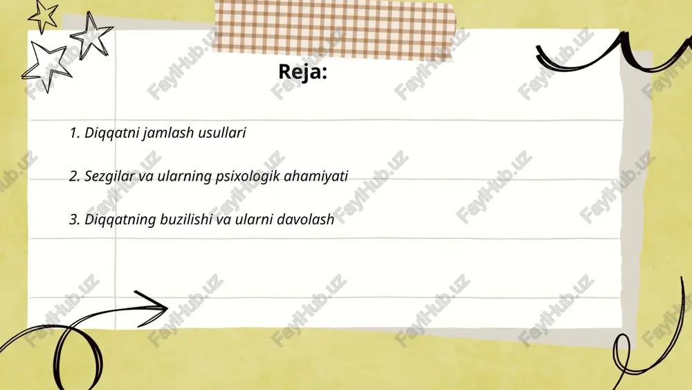 ladi. metilfenidat va atomoksetin ko'p hollarda tayinlanadigan dorilardir. har bir bolaning individualligini e'tiborga olish muhim, shuningdek, ta'lim muhitini moslash va ota-onalarni qo'llab-quvvatlash ham zarur. vaqti-vaqti bilan jismoniy mashqlar va miya uchun foydali ovqatlar ham diqqatni yaxshilashga yordam beradi. ... t.me/slaydai_bot 4. bola rivojlanishida diqqatning o'rni bola rivojlanishida diqqatning o'rni juda muhimdir. diqqat bolaning kognitiv rivojlanishi uchun zarur bo'lgan asosiy qobiliyatlardan biridir. tadqiqotlar ko'rsatadiki, kuchli diqqatga ega bolalar o'rganishda, muammolarni hal qilishda va ijtimoiy vaziyatlarda yaxshiroq natijalarga erishadi. odatda, bolalar 2 yoshdan boshlab qisqa muddatli diqqatni rivojlantirishni boshlaydilar, 5-6 yoshga kelib esa diqqatni uzluksiz saqlash qobiliyatini sezilarli darajada rivojlantiradilar. diqqatning kuchli bo'lishi bolalarga maktabda yaxshi o'qish imkonini beradi, shuningdek, munosabatlarda yaqin bo'lishga va stressni kamaytirishga yordam beradi. diqqatni rivojlantirish uchun interaktiv o'yinlar va amaliy mashg'ulotlar foydalidir. ... t.me/slaydai_bot diqqat taqsimoti va boshqaruvi inson faoliyatida muhim ahamiyatga ega. ilmiy tadqiqotlar shuni ko'rsatadiki, inson miyasi bir vaqtning o'zida faqat 2-3 vazifani samarali tarzda …