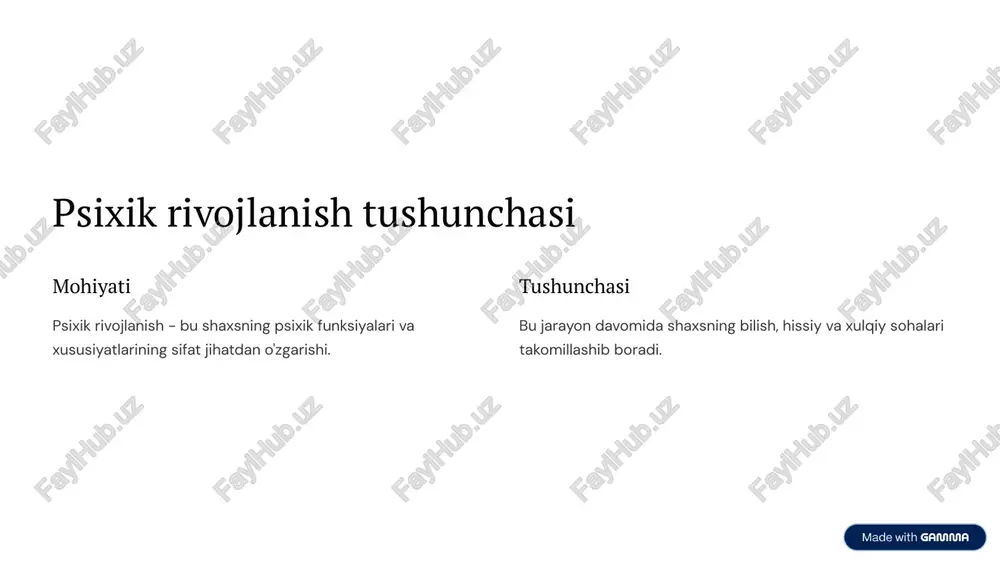 liyat turi. 2 o'yin maktabgacha yoshdagi bolalar uchun o'yin yetakchi faoliyat hisoblanadi. 3 o'qish maktab yoshidagi bolalar uchun o'qish asosiy faoliyatdir. https://gamma.app/?utm_source=made-with-gamma ijtimoiy muhit 1 2 3 4 oila shaxsning ilk shakllanishida muhim rol o'ynaydi. maktab bilim olish va ijtimoiy ko'nikmalarni rivojlantirish maskani. do'stlar tengdoshlar bilan munosabatlar orqali ijtimoiy tajriba orttirish. jamiyat madaniy va axloqiy normalarni o'zlashtirish. https://gamma.app/?utm_source=made-with-gamma xulosa 1 nazariya psixik rivojlanish qonuniyatlarini o'rganishning nazariy ahamiyati. 2 amaliyot ta'lim va tarbiya jarayonlarini optimallashtirish imkoniyati. 3 kelajak bolalar va o'smirlar bilan ishlashda samarali usullarni ishlab chiqish. https://gamma.app/?utm_source=made-with-gamma