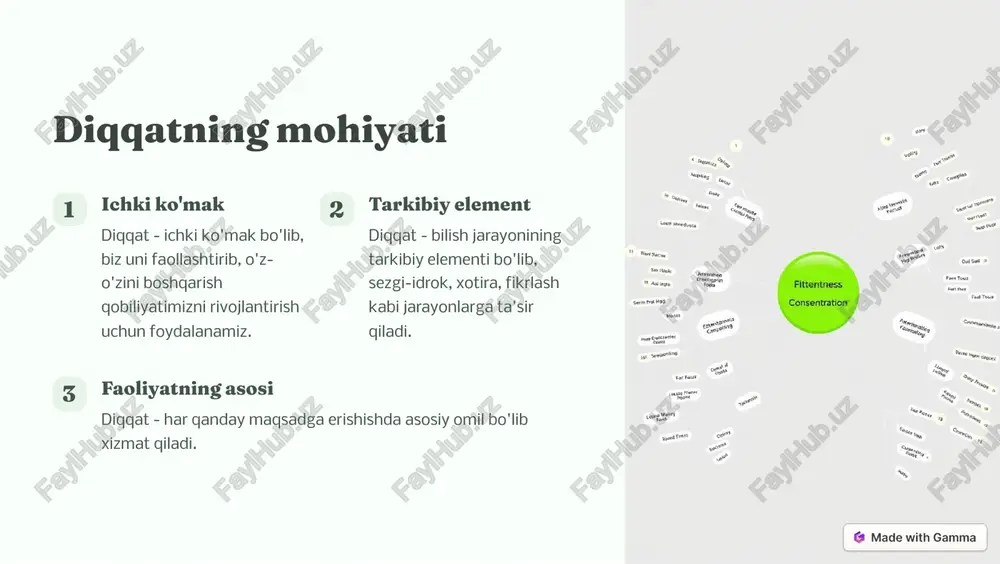 amma.app/?utm_source=made-with-gamma diqqat�izlik�i�g �abablari va oqibatlari 1 sabablari stress, ustuvor bo'lmagan vazifalar, tez-tez diqqatni o'zgartirib turish, nutq buzilishi. 2 oqibatlari muhim narsalarni o'z vaqtida bajarmaslik, xatolar, noqulayliklar, uzoq muddatli muvaffaqiyatsizliklar. 3 oldi�i oli�� diqqatni boshqarishni o'rganish, maqsadlar qo'yish, stressi kamaytirish - diqqatsizlikka qarshi kurashish usullari. https://gamma.app/?utm_source=made-with-gamma diqqat�i kuc�aytiri��ga yo'�altirilga� �a��qlar ma�tiqiy �a��qlar mantiqiy masalalar, bosh charxlash, detallarni aniqlash kabi topshiriqlar diqqatni rivojlantiradi. o'qi�� to'liq diqqat bilan, uzluksiz o'qish diqqat qobiliyatini oshiradi. meditat�iya muntazam meditatsiya mashqlari diqqatni to'plash va saqlash qobiliyatini mustahkamlaydi. ic�ki kuzati�� ichki dunyo bilan shug'ullanish diqqat ritori va mustahkamligini oshiradi. https://gamma.app/?utm_source=made-with-gamma diqqat�i �azorat qili�� va bo��qari�� yo'llari 1 diqqat�i rejala��tiri�� vazifalarni navbatli qilish, vaqtni ravonashtirish diqqatni samarali boshqarishga yordam beradi. 2 diqqat�i qaytari�� vaqti-vaqti bilan diqqatni qaytarib, o'zini tiklab turish zarur. 3 diqqat�i �u�taza� o��ri�� muntazam uxlash, tanaffus qilish, harakatlanish diqqat tizimini yaxshilaydi. https://gamma.app/?utm_source=made-with-gamma diqqat va o'rga�i�� di�a�ika�i diqqat o'rganish diqqat - bilish jarayonining asosiy tarkibiy qismidir. o'rganish - …