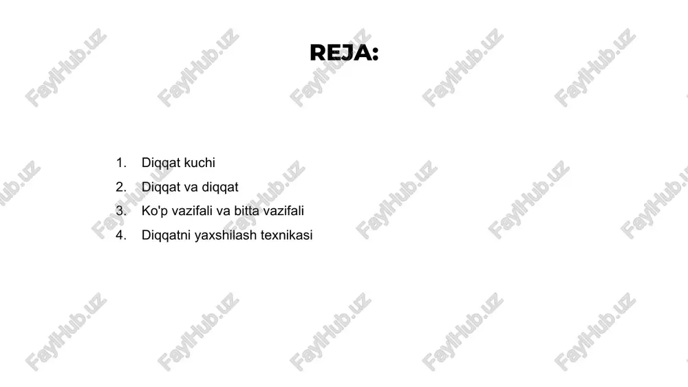 ashga imkon beradi. chalg'itadigan narsalarga to'la dunyoda bitta vazifani bajarish o'zlashtirishga arziydigan mahoratdir. e'tiborimizni bitta vazifaga qaratish orqali biz yaxshi natijalarga erishishimiz va muvaffaqiyat hissini his qilishimiz mumkin. diqqatni yaxshilash texnikasi venus is the second planet from the sun mercury is the closest planet to the sun jupiter is the biggest planet of them all 1 2 3 diqqat haqidagi fan diqqatni tushunish miyaning ma'lum stimullarga e'tibor qaratish uchun ma'lumotni qanday qayta ishlashi va filtrlashini o'rganishni o'z ichiga oladi. u idrok, xotira va qaror qabul qilishda hal qiluvchi rol o'ynaydi. tadqiqotlar shuni ko'rsatadiki, diqqat cheklangan va uni chalg'itadigan narsalar bilan osongina chalg'itishi mumkin, bu diqqatni samarali boshqarish muhimligini ta'kidlaydi. ehtiyotkorlik va vaqtni boshqarish kabi texnikalar diqqatni jamlashga yordam beradi. diqqat fani haqida ko'proq ma'lumotga ega bo'lish orqali odamlar o'zlarining mahsuldorligini, ijodkorligini va umumiy aqliy farovonligini oshirishlari mumkin. bu hayotning turli jabhalarida muvaffaqiyatga sezilarli ta'sir ko'rsatadigan qimmatli mahorat. diqqatning foydalari diqqat …