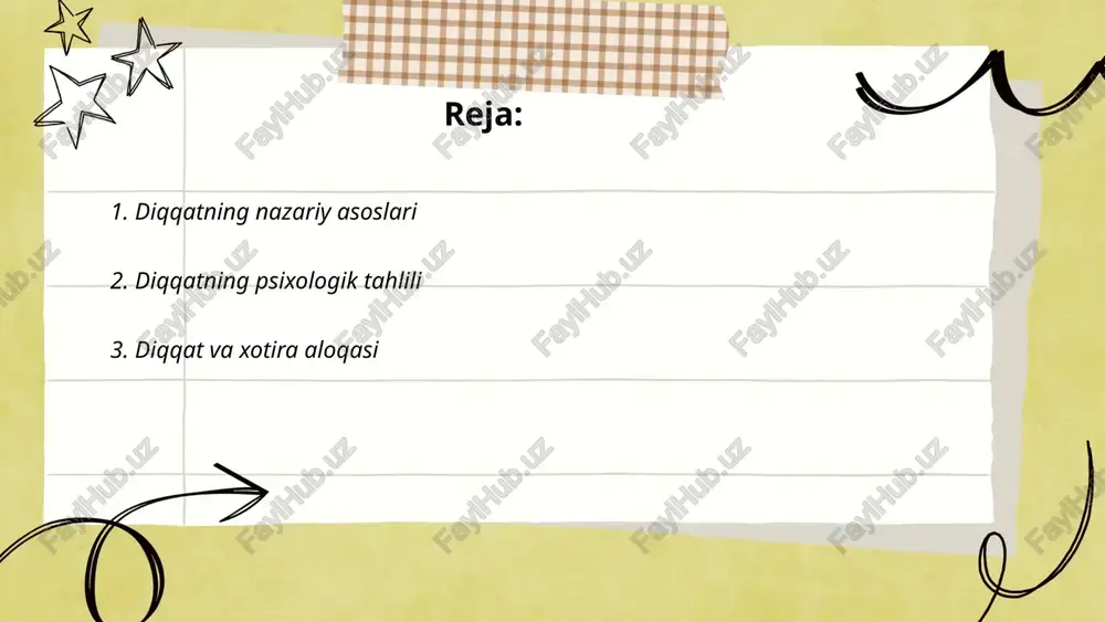 otiraning 40-50% ga yaxshilanishi mumkin. neuropsixologik tadqiqotlar esa diqqatning past darajasida uzoq muddatli xotirada saqlanadigan ma'lumotlarni eslash ko'rsatkichi 30% dan kamroq bo'lishi mumkinligini ko'rsatadi. diqqatni o'rgatish bilan bog'liq treninglar xotira samaradorligini sezilarli darajada oshirishi isbotlangan bo'lib, bu 20-30% gacha yaxshilanishga olib kelishi mumkin. ... t.me/slaydai_bot 4. diqqatni boshqarish usullari diqqatni boshqarish usullari muhim va samarali mehnat qilishda katta rol o'ynaydi. birinchi usul — pomodoro texnikasi bo'lib, 25 daqiqa ishlash va 5 daqiqa dam olish taklif etiladi. ikkinchisi — 90-120 daqiqa davomida chuqur ish olib borish, so'ngra uzaytirilgan dam olish. rejalashtirish ham diqqatni boshqarishda yordam beradi, bunda kunlik vazifalarni rejalashtirish kerak. elektron qurilmalar xabarlarini vaqtinchalik o'chirish diqqatni chalg'itishni kamaytiradi. nafas olish mashqlari stressni kamaytirib, diqqatni jamlashga yordam beradi. turli tadqiqotlar ko'rsatishicha, meditatsiya va jismoniy mashqlar bilan shug'ullanish kognitiv funksiyalarning yaxshilanishiga olib keladi. diqqat maxsetbayev behruzbek e'tiboringiz uchun raxmat! image1.png image2.png image3.png image4.png image5.png image6.jpg /docprops/thumbnail.jpeg