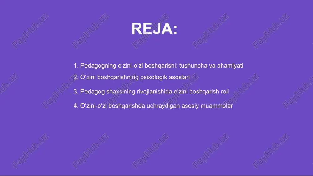 htirish va vazifalarni belgilashdagi noaniqliklar ish samaradorligini kamaytiradi. motivatsiya yetishmasligi pedagoglarda o‘zini boshqarish qobiliyatini pasaytiradi. ichki rag‘bat sust bo‘lsa, tashqi muhitga bog‘lanish kuchayadi, natija susayadi. vaqtni to‘g‘ri taqsimlay olmaslik ham asosiy muammolardandir. ish yuklari ko‘payganda stress ortadi va bu sifatga salbiy ta’sir qiladi. o‘zini-o‘zi boshqarishda uchraydigan asosiy muammolar 01 pedagoglar o‘zini-o‘zi boshqarish orqali professional hayotda stressni kamaytirishi mumkin, bu esa umumiy ish samaradorligini oshirishga yordam beradi va foydalidir. 02 hissiy barqarorlikni saqlash pedagoglarning o‘z faoliyatiga ishonch bilan yondashishiga sabab bo‘ladi hamda salbiy omillarning ta’sirini kamaytiradi doimiy tarzda. 03 stressga qarshi kurashish ko‘nikmalari, xususan nafas mashqlari, dam olish usullari va vaqtni to‘g‘ri rejalash muhim kompetensiyalarni shakllantirishda yordam beradi. stressga qarshi kurash va hissiy barqarorlik pedagogning o‘zini-o‘zi boshqarishi insoniy resurslarni to‘g‘ri yo‘naltirishga yordam beradi. bu jarayon orqali pedagog o‘z ustida ishlashni davom ettiradi. samarali o‘zini-o‘zi boshqarish orqali pedagog vaqtni rejalashtiradi, stressni kamaytiradi va ijodiy fikr yuritishga keng imkoniyat yaratadi o‘z faoliyatida. faoliyat …