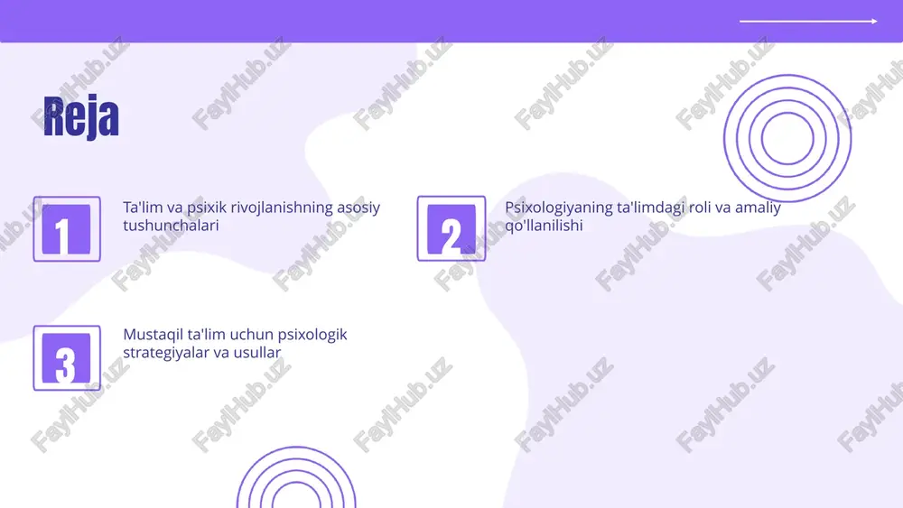mga qo'llanilishi kognitiv va rivojlanish psixologiyasi, piaget va vygotski kabi nazariyalar ta'lim metodlarini shakllantirishda muhim rol o'ynaydi. bu nazariyalar ta'limni individuallashtirishda yordam beradi. psixologiyaning amaliy qo'llanilishi ta'limda psixologik metodlar va strategiyalar psixologik metodlar ta'limda motivatsiya, kognitiv yondashuvlar va ijtimoiy-emotsional rivojlanishni qo'llash uchun ishlatiladi. strategiyalar sifatida maqtash, maqsad belgilash, faol ishtirok, stressni boshqarish va ijtimoiy ko'nikmalarni rivojlantirish qo'llaniladi. o'quvchilarning motivatsiyasini oshirish usullari individual yondashuv, sovrinlar, ijobiy fikr-mulohaza va motivatsiyali muhit yaratish motivatsiyani oshiradi. doimiy baholash va rag'batlantirish orqali motivatsiya mustahkamlanadi va ta'lim samaradorligi yaxshilanadi. psixologik strategiyalar va usullar mustaqil ta'limda psixologik strategiyalar motivatsiya, o'z-o'zini boshqarish, maqsadlar belgilash, vaqtni rejalashtirish va baholash texnikalari mustaqil ta'limda muhim. bu strategiyalar o'quvchi motivatsiyasini oshiradi. o'z-o'zini boshqarish va motivatsiya kognitiv-behavioral texnikalar, ichki va tashqi motivatsiya, qiziqish va maqsadga intilish o'z-o'zini boshqarish jarayonini rivojlantiradi. bu usullar o'qishni samarali qiladi. o'qish usullari va ularning ta'siri aktiv o'qish, mantiqiy tahlil, yozib olish va diqqatni jamlash tushunishni oshiradi. bu metodlar …