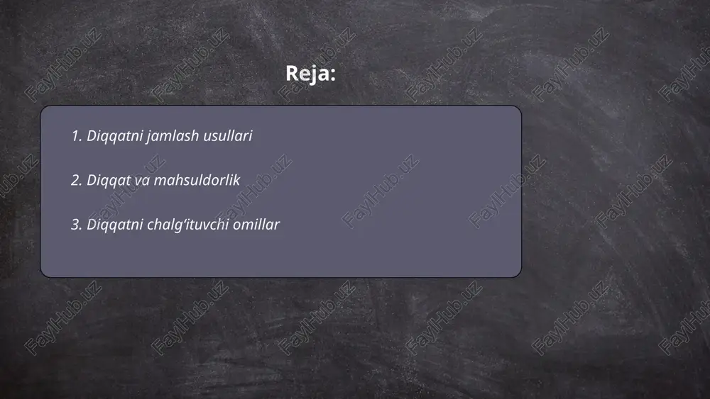 omil - atrof-muhit shovqinidir. agar ish joyida shovqin darajasi 85 db darajasidan oshsa, bu diqqatni jamlash orqali vazifani bajarish vaqtini sezilarli darajada uzaytiradi. bunday chalg‘ituvchi omillarni kamaytirish asosiy maqsadlarga erishishda muhimdir. ... t.me/slaydai_bot 4. diqqatni boshqarish strategiyalari diqqatni boshqarish strategiyalari insonning kundalik hayotida samaradorligini oshirishga yordam beradi. diqqatni jamlash uchun zarur bo'lgan asosiy usullar quyidagilardan iborat: maqsadlarni aniq belgilash, atrof-muhitni chalg'ituvchilardan tozalash, muddatlarni belgilash va vaqtni rejalashtirish. tadqiqotlar shuni ko'rsatadiki, inson miyasi 20-25 daqiqa davomida intensiv diqqatni saqlay oladi, shuning uchun pomodoro usulidan foydalanib, qisqa tanaffuslar bilan ishlash samarali bo'lishi mumkin. turli muammolar va vaziyatlarni hal qilish uchun diqqat meditatsiyasi texnikalari yoki nafas olish mashqlaridan foydalanish tavsiya etiladi. optimal diqqatni boshqarish uchun, yaxshi uyqu va sog'lom ovqatlanish ham muhim omillar sifatida ko'riladi. ... t.me/slaydai_bot diqqat va stress odamlarning salomatligiga salbiy ta'sir ko'rsatishi mumkin. tadqiqotlar ko'rsatishicha, kuchli stress ostidagi odamlarning diqqat va kontsentratsiya darajasi pasayishi mumkin. aqliy charchoq holatlarida stress gormonlari, …