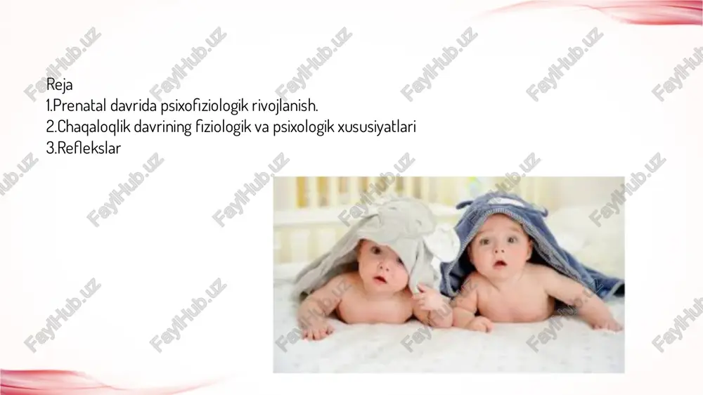 im sharlari po’stida aks eta boshlaydi. chaqaloqda ona organizmi bilan anatomik, morfologik va konstitutsiyaviy bog‘liqlik davri tugagan bo’lsa-da, biroq u dastlabki daqiqalardan boshlaboq mustaqil ayta olmaydi, onaga fiziologik jihatdan tobeligacha qolaveradi. chaqaloq uchun organizmi talab qiladigan ovqat, oqsillar mazkur o’sish pallasida ona suti orqali borib turadi. bola onaning qornida mo’tadil haroratda, oziq yetarli darajadagi sharoitda, hatto, organizmning funktsional holati ham ona organizmiga bevosita bog‘liq holda yashagan bo’lsa, tug‘ilishi bilanoq birdaniga yangi, murakkab, qiyin sharoitga tushib qoladi. tug‘ilgan chaqaloq havo bo’shlig‘i va havoning bosimiga duch kelishi sababli tabiy talabga ko’ra uning nafas olishi va nafas chiqarishi o’zgaradi. salqin havo oqimiga tushishi bilan haroratning ta’siriga moslashish uchun harakat qiladi. unda ovqatlanish usuli va vositasi ham o’zgaradi, ya’ni plantsentar oziqlanish (ona organizmidan bevosita qonga moddalar so’rilishi)dan oziqlanish (ovqat og‘iz bo’shlig‘i orqali meda-ichakka borishi)ga o’tadi. chaqaloq hayvonlarning bolalariga qaraganda himoyaga muhtojroq, nochorroq bo’lib tug‘iladi. tug‘ilish arafasida unda nasliy yo’l bilan mustahkamlangan ayrim mexanizmlar, shartsiz …