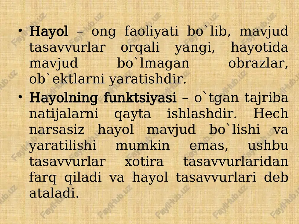 razini ayni choqda fikran qayta tiklashimiz tasavvurlar deb ataladi. narsa yoki hodisalarni idrok qilishida katta yarim sharlar po'stlog'ida vujudga kelgan qo'zg'alishlar, muvaqqat bog'lanishlar «izlarining» jonlanishi tasavvurimizning fiziologik asosidir. tasavvurlar idrok bilan o'xshash bo'lib, idrok asosida maydonga keladi, ammo ular, odatda, idrokka qaraganda birmuncha xiraroq, rangsiz bo'ladi va unchalik to'liq bo'lmaydi. idrok narsa va hodisalarning sezgi organlariga bevosita ta'sir qilishi natijasida tug'iladi. xotira tasavvurlari esa ilgari sezilgan va idrok qilingan narsalar asosida, sezgi organlarimizning bevosita faoliyatisiz hosil bo'ladi. biz ilgarilari ko'rgan (idrok qilgan) bir narsaning obrazini ko'zimizni yumib turib ko'z o'ngimizga keltira olamiz. ilgarilari eshitgan bir kuyni, biror buyumining og'ir-engiligini tasavvur qilmog'imiz mumkin. ilgari idrok qilingan narsalar haqidagi tasavvurlar, shu narsalarning o'zini bevosita idrok qilganda hosil bo'lgan obrazlarga qaraganda, uncha to'liq, ravshan va aniq bo'lmaydi. tasavvur bironta narsani ko'pincha to'la-to'kis, barcha tomonlari va sifatlari bilan aynan aks ettira olmaydi. tasavvurning bu hususiyatini tasavvurning fragmentligi deb ataladi. xayol jarayonlari sifatida quyidagilar ajratib …
