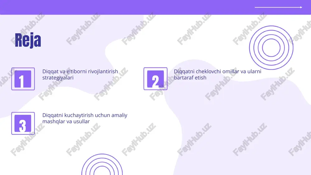 urli o'yinlar mavjud. masalan, "simon says" o'yini, e'tibor va tezkor qaror qabul qilish qobiliyatini rivojlantiradi. ushbu o'yinlar, shuningdek, ijtimoiy ko'nikmalarni ham rivojlantirishda yordam beradi. vosita 3: meditatsiya va yoga meditatsiya va yoga stressni kamaytirish va diqqatni oshirish uchun foydali usullardir. oddiy nafas olish mashqlari va yoga pozalari, fikrni to'plash va ichki tinchlikni saqlashda yordam beradi. o'z-o'zini anglash va e'tiborni kuchaytirish uchun bu usullarni muntazam ravishda qo'llash tavsiya etiladi. diqqatni cheklovchi omillar diqqatni cheklovchi omillarni aniqlash va tasniflash muhimdir. ular ikki asosiy toifaga bo'linadi: tashqi va ichki omillar. tashqi omillarga misol sifatida shovqin, stress va texnologik ta'sirlar kiritilishi mumkin. shovqin atrof-muhitdan kelib chiqadigan ovozlar bo'lib, diqqatni tarqatishi mumkin. stress esa ichki holat bo'lib, e'tiborni kamaytiradi. texnologik ta'sirlar esa bizning diqqatimizni jalb qilish yoki tarqatishi mumkin. tashqi omillar tashqi muhit omillari tashqi muhit omillari inson diqqatiga ta'sir ko'rsatadi. bu omillar orasida shovqin, bezovtaliklar va muqobil muhitlar mavjud. shovqin insonning diqqatini chalg'itishi, ish …