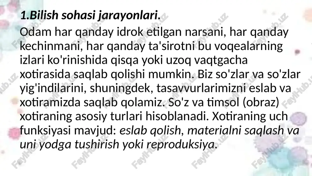 oladi. idrok — sezgi a'zolarimizga ta'sir qilib turgan narsalarning ongda bevosita aks etishi. biz narsa va hodisalarni yaxlit holicha idrok qilamiz, narsalarning ayrim xossalarini esa, sezamiz. masalan, quyoshni biz idrok qilamiz, uning yorug'ini esa, sezamiz. idrok murakkab ruhiy jarayondir. bu murakkablik, avvalo, shundan iboratki, har bir idrok tarkibiga ayni vaqtda bir necha sezgi kiradi. masalan, dori vositani idrok qilish: uning shaklini (yumaloq, cho'zinchoq va hokazo), rangini (oq, qizil, sariq va hokazo), sezish — bu ko'rish sezgilaridir. hidini sezish (hid sezgilari) shirin-chuchukligini sezish (maza sezgilari), og'ir-yengilligini, qattiq-yumshoqligini sezish (muskul sezgilari) va boshqa sezgilardan tarkib topadi. idrok qilishda analiz yordamida ajratilgan shu ayrim sezgilar idrokning retseptiv tomonini tashkil qiladi. idrok jarayoni ixtiyoriy idrok beixtiyor idrok. oldindan belgilangan maqsadga qarab muayyan bir obyektni idrok qilish muayyan bir obyektni oldindan maqsad qilib olmasdan va maxsus tanlamasdan, kuch sarf etmasdan idrok qilish jarayoni 2.sezgi va idrok jarayoni buzilgan bemorlarga munosabatda bo'lish psixologiyasi. ruhiy va asab …