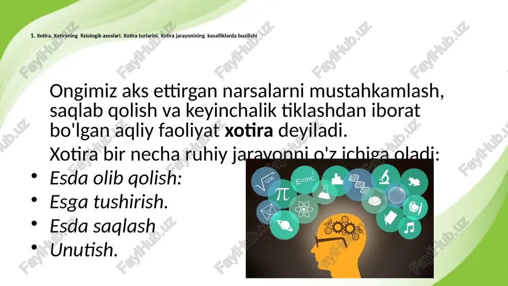 birovning og'zidan chiqishi bilanoq ilib olganday darrov bilib oladilar va keyin uni to'la-to'kis aytib bera oladilar. ammo bu tariqa bilib olish va esga tushirish uzoqqa bormaydi. vaqt o'tgandan keyin unutib qo'yadilar. to 'rtinchi tipi: bu xotiraning zaif tipidir. bu tipdagi shaxslar materialni juda sekinlik bilan bilib oladilar va tez unutadilar. xotira jarayonining kasalliklarda buzilishi. gipoamneziya — xotiraning susayishi bo'lib, unda odam o'z ixtiyori bilan bir vaqtlardagi yoki yaqin vaqtlardagi voqealarni eslash qobiliyatidan mahrum bo'ladi. giperamneziya — xotiraning kuchayishi bo'lib, bu holat ruhiy bemorlarda qo'zg'alishda, jumladan, maniakal holatlarda uchraydi va u eslashga aloqador bo'ladi. amneziyalar — xotiraning yo'qolishi yoki eslay olmaslik. anterograd amneziya – jarohat olgandan oldingi vaqtni o'z ichiga oladigan voqealar xotiradan ko'tariladi. retrograd amneziya — ma'lum bir vaqtni (soatlar, kunlar, hatto oylar) o'z ichiga oladigan voqealar xotiradan ko'tariladi. paramneziyalar (korsakov sindromi)—yo'q narsani eslash yoki psevdoreminissensiyalar (soxta xotiralashlar) konfabulyatsiyalar – xotiradan unutilgan voqealar o'rnini toldiradigan uydirma, yolg'on gaplar. amnestik afaziya …