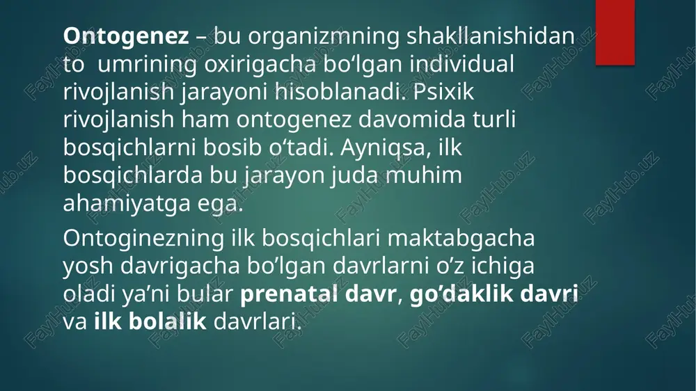 imlari faoliyat yurita boshlaydi. barmoqlar va tirnoqlar shakllana boshlaydi. miya faoliyati kuchayadi. yurakning urish ritmi barqarorlashadi. 13- 24 haftalarda bola harakatlana boshlaydi, ona uni sezishi mumkin, quloqlar rivojlanib, bola tovushlarni eshita boshlaydi, terisi yupqa bo‘ladi va mayin tuklar bilan qoplanadi. 25-40 haftalarda bola tez o‘sadi, vazn oladi, nafas olish refleksi shakllanadi, 36-40 haftalarda bola tug‘ilishga tayyor bo‘ladi. go’daklik davri - bu bolaning tug’ilganidan 1 yoshgacha bo’lgan davri. inson hayotidagi ilk psixik inqiroz davridir. chunki bola o’zi uchun odatiy bo’lgan muhitdan butunlay farqli muhitda yashay boshlaydi. bola hayotining birinchi kunlari tug’ilganidagi og’irligini yo’qotadi, bunga sabab tashqi dunyo sharoitiga moslashish davrida energiyaning ko’plab sarflanishidir. bu davrda yetakchi faoliyat turi emotsional muloqot hisoblanadi. chaqaloq atrof-muhitni idrok qilishni boshlaydi, asosiy reflekslari shakllanadi. 7–9 oy qo‘llari bilan mustaqil ovqat yeyishga harakat qiladi. o‘tirishni va emaklashni o‘rganadi. notanish odamlarni ajrata boshlaydi va onasidan uzoqlashishni yoqtirmaydi 10–12 oy bola mustaqil yurishga harakat qiladi yoki allaqachon yurib boshlaydi. …