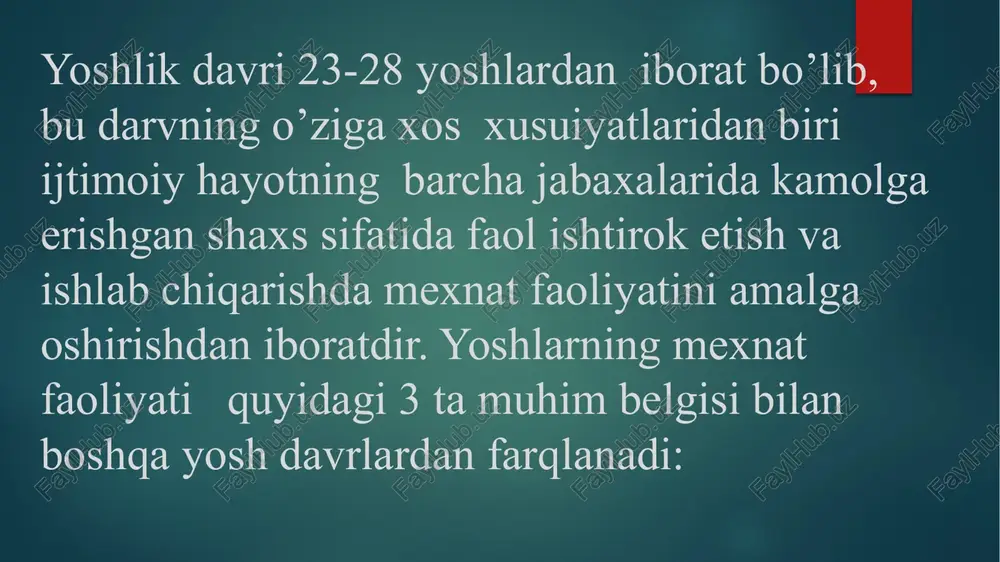 o‘z mohiyatiga ko‘ra uch xildir; ular: a) ijtimoiy qiyinchiliklar: notanish muhit shart-sharoitlari, shaxslararo munosabatlar, mehnat jamoasining saviyasi, undagi kishilarning xarakter xislatlari, ishlab chiqarish jamoasining qadriyatlari, ma’naviyati, an’analari va hokazo; b) bilim va bilishga oid qiyinchiliklar: maxsus o‘quv yurtida olgan bilimlardagi uzilishlar, saviyaning cheklanganligi, ijodiy izlanish faoliyatining zaifligi, tashabbuskorlikning yetishmasligi va boshqalar; v) mutaxassislik bilan bog‘liq o‘ziga xos qiyinchiliklar; ishlab chiqarishni moliyalash, texnologiya, qurilmalar, asboblar, amaliy ko‘nikmaning bo’shligi yoki ular bilan yetarli darajada tanishmaganlik, kasbning iqtisodiy negizini to‘la anglab etmaslik, xavfsizlik texnikasi, mahsulot ishlab chiqarishning chizma-yoyilmasi va grafik ifodasini taqqoslash murakkabligi, muammolar oldida esankirab qolish. bu qiyinchiliklarni yengish davrida insonning ruhiy holatlari, jarayonlari va xususiyatlarida miqdor hamda sifat o‘zgarishlari ro‘y beradi. image6.png image2.png image3.png image4.png image5.png /docprops/thumbnail.jpeg