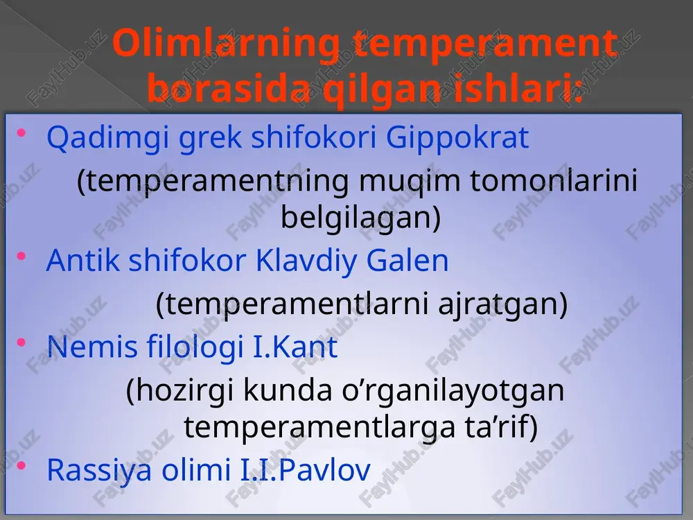 inroq yuradi, bemalol atrofni kuzatib yuradi sekin yuradi, xayolparast, qo’rquv bn yuradi ishtaxasi: sangvinik xolerik flegmatik melanxolik ovqat tanlamaydi, shirinkikka o’ch oqat tanlaydi, ko’p yeydi, tez yiyishni yoqtiradi ovqat tanlaydi, ammo berganingizni yeydi tabiiy ovqatlarni yoqtiradi, ovqatni bemalol, shoshmay yeydi uyqu jarayoni: sangvinik xolerik flegmatik melanxolik fantastik tushlar ko’radi, charchasa xar qayerda uxlap qoladi… kam uxlaydi, kech turadi, ko’proq kechasi ish qiladi kam uxlaydi, tushlarini eslay olmaydi, kunning 2-yarmida uyqi bosadi… tez uxlab qoladi, uyg’otish qiyin… mashxur insonlar … xoleriklar: suvorov, pyotr 1, pushkin flegmatiklar: kutuzov, krilov melanxoliklar: nyuton, gogol, chaykovskiy sangviniklar: napoleon, bomarshe kasb tanlayotganda temperamentni inobatga olish kerakmi? sangvinik – menedjer, tarbiyachi tibbiyot xodimi, o’qituvchi, tashkilotchi,psixolog,sotuvchi, ofitsiant,… xolerik – teleoperator, artist, diplomat, spor ustasi, jurnalist, taminotchi, ses xodimi… flegmatik – mashinachi, bugalter, iqtisodchi, usta, injener, agranom, xaydovchi… melanxolik – barcha aniq fan sohalari, sanatkor, rassom, tikuvchi, kompozitor, yozuvchi, bugalter, kompyuterchi… e’tiboringiz uchun raxmat..! savollar..? image10.png image11.gif image2.gif image3.gif …