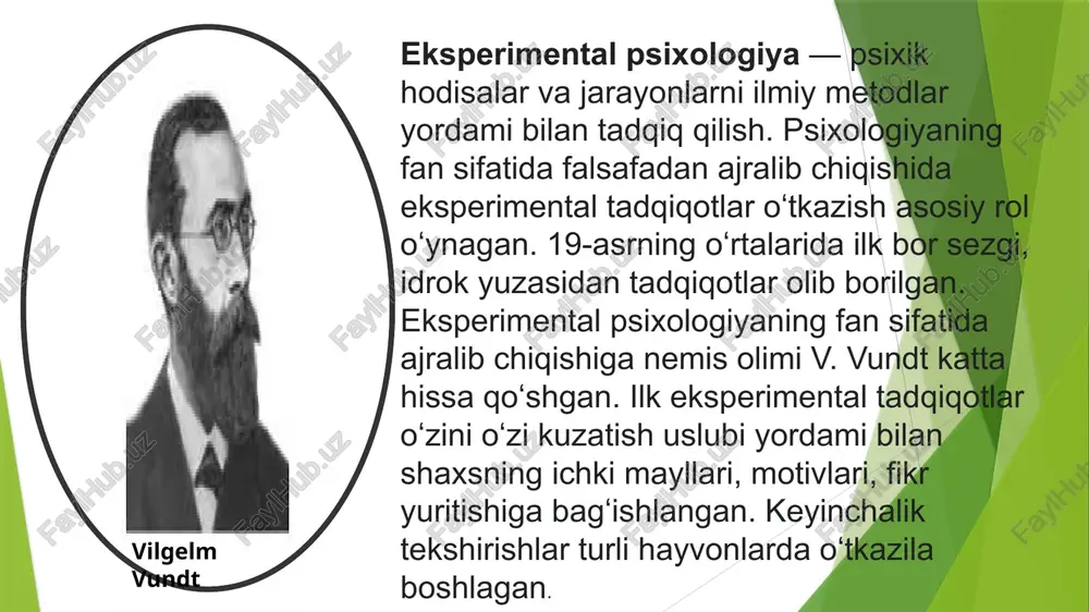 l laboratoriyani yaratgan va tadqiqotga matematik va eksperimental yondashuvni joriy etgan vilgelm vundt bilan zamonaviy intizom sifatida paydo bo'ldi. f. galton avvalroq 1860 yilda germaniyalik psixolog gustav teodor fechner o'z ishida eksperimental ma'lumotlar orqali jismoniy va hissiy kattaliklar o'rtasidagi bog'liqlikni isbotlashga va asoslashga harakat qildi. psixofizikaning elementlari. ushbu o'sib borayotgan ilmga hissa qo'shgan boshqa mualliflar charlz bell, asablarni o'rgangan ingliz fiziologi; nemis shifokori ernst geynrix veber uning asoschilaridan biri deb hisoblagan; va osvald kulpe, germaniyadagi vürtsburg maktabining asosiy asoschisi va boshqalar. turli xil maktablarning paydo bo'lishi o'sha davrdagi eksperimentlarga moyilligi bilan bog'liq edi, ularning maqsadi biologik va psixologik o'rtasidagi bog'liqlik darajasini kuzatish edi. ushbu maktablar orasida ivan pavlov va bechterev tomonidan boshlangan neyrofiziologiyaga qiziqqan rus ham bor. shuningdek, uotsonning xulq-atvori va bixeviorizmini belgilaydigan biologik qonuniyatlarni namoyish etishga qaratilgan funktsionalizm. yigirmanchi asrda umuman psixologiyada va ayniqsa, qo'shma shtatlarda bixeviorizm ustunlik qildi. bu psixik hodisalarni eksperimental psixologiya ichida chetga surib qo'yadigan psixologiya …