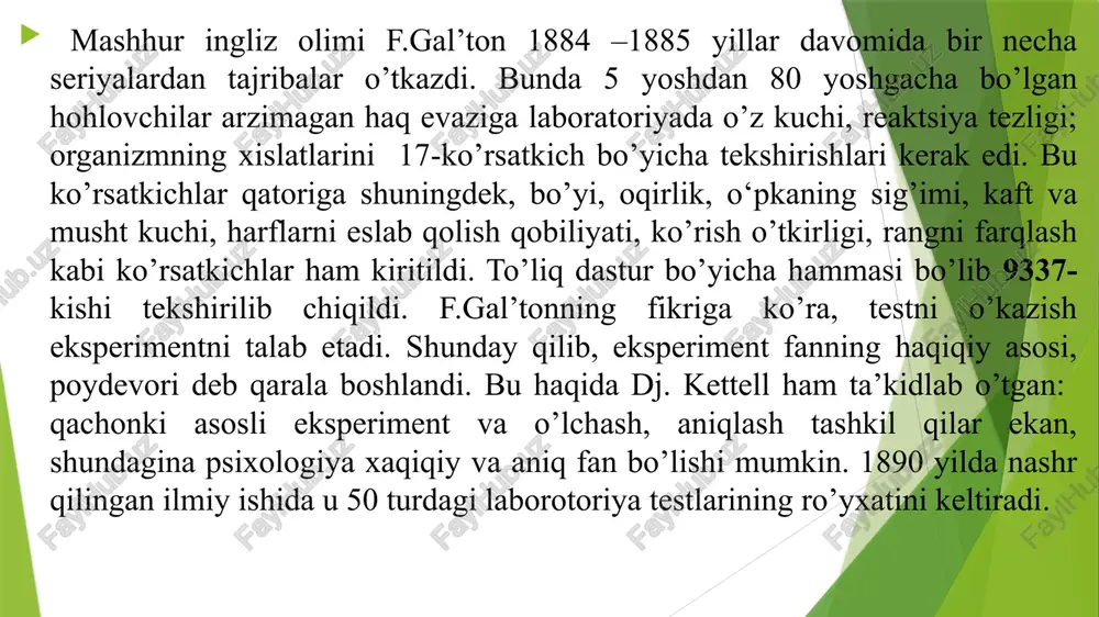 da – g.myunsterberg, s.krepilin, v.onri, frantsiyada – a.bine, aqshda – dj.gilberd va boshqalar. bu tadqiqotchilar yangi turdagi, ya’ni psixologiyani amaliyot extiyojlari bilan bog’lashga uringan olimlar edilar. biroq amaliy tadqiqotlarga intilish psixologiyada fandan yiroqlashish deb baholanadi. dj. kettellning ta’kidlashicha, u o’zining dastlabki testlarini laborotoriya tadqiqotlarida individual farqlarni aniqlash maqsadida 1885 yilda qo’llangan, ammo v. vundning qarshiligi tufayli ularni nashrdan chiqara olmadi. yangi metodlar yaratilishi bilan birga birlashtirilgan testlar qo’llanila boshlandi. masalan, aqlni o’rganish metodlari orasida amerikalik psixolog d.veksler (1939, 1955) ning subtestlari keng tarqaldi. yangi proektiv metodlar ham yaratilib, keng qo’llanila boshlandi (amaerikalik psixolog g. myurre (1935, 1943) ning tematik appertseptsion testi ( tat), nemis psixologi s. rozents veygning frustratsiyaga bo’lgan reaktsiyani o’rganish testi va boshqalar ). rus psixologiyasida diagnostik metodlaridan foydalanish o’z tarixiga ega. bunda psixodiagnostika rivojlanishining ikki bosqichini ajratib ko’rsatish mumkin. birinchi bosqich 20-yillarning boshidan 30-yillarning o’rtasigacha bo’lgan davrni o’z ichiga oladi. bu davrda pedagogika va psixotexnikada test metodlari …