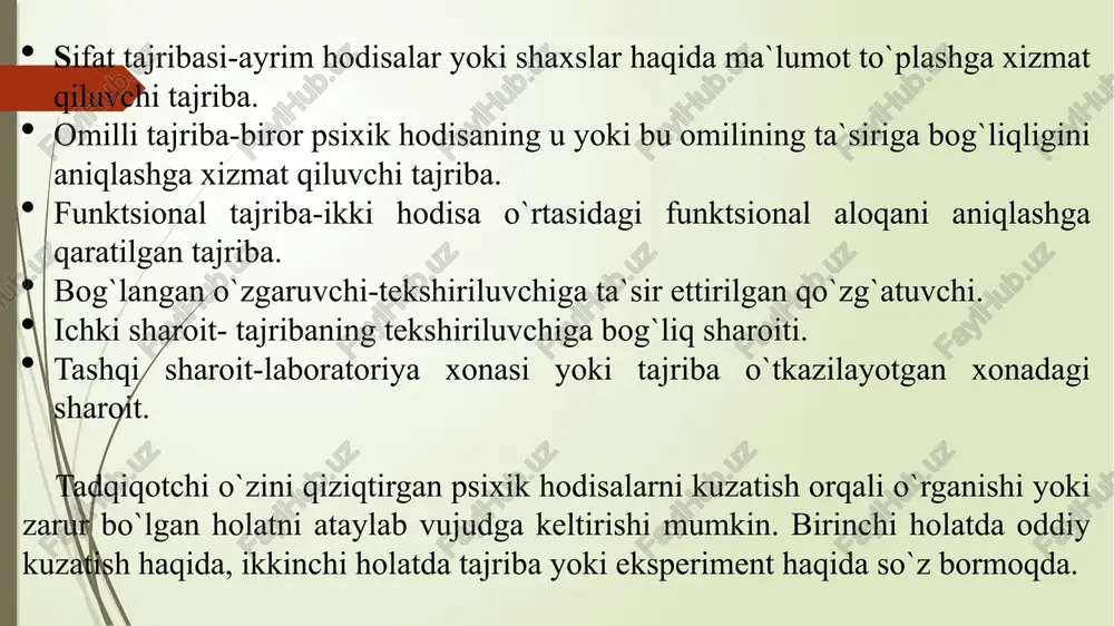 yrim hodisalar yoki shaxslar haqida ma`lumot to`plashga xizmat qiluvchi tajribalar. bunday tajribalarga tafakkur xususiyatlari, xotira tipini, sezgirlik darajasini aniqlashga qaratilgan tadqiqotlarni misol qilish mumkin. b) alohida psixik hodisani u yoki bu omil (faktor)ning ta`siriga bog`liqligini aniqlashga xizmat qiladigan tajribalar: masalan: esda qoldirishning materialning sifatiga bog`liqligini aniqlash va hokazo . v) ikki hodisa o`rtasidagi funktsional aloqani aniqlashga qaratilgan tajriba, masalan, materialning hajmi bilan takrorlashlar soni o`rtasidagi funktsional aloqani o`rganish. birinchi tipga kiradigan tajribalarni-sifat; ikkinchisini faktorli, uchinchisini-funktsional tajribalar deb atash mumkin. 4 psixologik tadqiqotni tashkil etar ekan, eksperimentator o`zi ta`sir etishi kerak bo`lgan tekshiriluvchi-sub`ekt, qo`zg`atuvchi, tekshiriluvchining qo`zg`atuvchiga beradigan javobi bilan munosabatda bo`ladi. buni quyidagicha tasvirlash mumkin: bunda - s – sub`ekt, tekshiriluvchi, h.n. - qo`zg`atuvchi, bog`lanmagan o`zgaruvchi. z.n. - tekshiriluvchining qo`zg`atuvchi ta`siriga javobi, bog`langan o`zgaruvchi. shuningdek, tajriba davomida tekshiriluvchining shaxsiga bog`liq bo`lgan shart-sharoitlar ham mavjuddur. bu tekshiriluvchining yoshi, jinsi, umumiy salomatligi, temperamenti, hissiy holati, umumiy va maxsus qobiliyatlari, bilimi, qarashlari, qiziqishlari ko`nikma …
