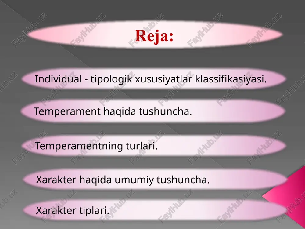 vidual xususiyatlar majmuidir. yaʼni temperament insonning turli vaziyatlarda narsa va hodisalarga, insonning xatti-harakatlariga nisbatan reaksiyasini tushuntirib beruvchi xususiyatlar majmui hisoblanadi. temperament xususiyatlari shaxsning ichki tuzilmasi bilan bevosita bogʼliq boʼlib, ularning namoyon boʼlishi uning konkret vaziyatlarga munosabatini, ekstremal vaziyatlarda oʼzini qanday tutishini belgilab beradi. temperamental xususiyatlar aslida tugʼma hisoblansada, shaxsga bevosita aloqador va anglanadigan boʼlgani uchun ham maʼlum maʼnoda oʼzgarib boradi. asab tizimi bilan bogʼliq individual sifatlarni bilish shart, chunki ular bevosita mehnat va oʼqish jarayonlarini har bir inson tomonidan, uning manfaatlariga mos tarzda tashkil etishga xizmat qiladi. asabga bogʼliq boʼlgan tabiiy xususiyatlarmizni ham umuman oʼzgarmas deb aytolmaymiz, chunki tabiatda oʼzgarmaydigan narsaning oʼzi yoʼq. temperament tushunchasi klavdio galen tomonidan kiritilgan va u lotin tilidan «temperans», ya`ni “mo`tadil”, “qismlar nisbatini takomillashtirish” maʼnolarini bildiradi. gippokratning taʼlimoti eramizdan oldingi v asrlarda yashagan qadimgi grek olimi gippokrat odamlar oʼrtasidagi tafovutlarni oʼrganib, odamlarni 4 guruhga bo`lgan. buning bilan u temperament haqidagi birinchi taʼlimotni yuzaga keltirgan xolerik …
