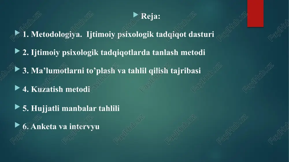 urlashtirilgan ketma-ketligi bo’lib, bu umumiy kanseptsiya loyihada aks etadi. dasturga qo’yiladigan asosiy talablar: zarurat; aniqlik; asoslangshanlik; mantiqiy ketma-ketlik. dastur psixolog tomonidan amalga oshiriladigan bo’lajak tadqiqot tartibini aniq asoslab tuzib chiqishdan iboratdir. bu tartib bo’lajak tadqiqot materiallarini to’plash, qayta ishlash va ma’lumotlarni tahlil qilishni o’z ichiga oladi. dastur mazmuni haqida qisqcha ma’lumot berilishi annotatsiya deyiladi. har qanday empirik psixologik tadqiqot dasturning umumiy talablari mavjud. bularga: tadqiqotning asosiy maqsad va vazifalarini aniqlash, ishchi farzni ishlab chiqish, dasturni ishlab chiqish jarayonida kompyuter texnikasidan foydalanish kabilar kiradi. ma’lumotlar ba’zasini to’plash dasturda tadqiqotning ma’lumotlar ba’zasini to’plash va ta’minlash o’zida harakatlar yig’indisini tashkil etadi. muammoni qo’shishda ilmiy adabiyotlar va turli metodlar analizidan foydalanish maqsadga muvofiqdir: 1.izlanayotgan axborotlar manbasi ma’lumotlar ba’zasidan aniqlanadi: a) statistika; b) referatlar, ilmiy ishlar, lug’at ma’lumotlar; v) bibliografiya (katologlar, kitoblar); g) ma’lumotlar ba’zasi; d) konferentsiyalar. 2. metodlarni tanlashda izlanayotgan axborotlar saralangan manbalardan olish kerak. shular jumladan statistik analizlar, so’rovlar, turli hil konkret metodlar, …