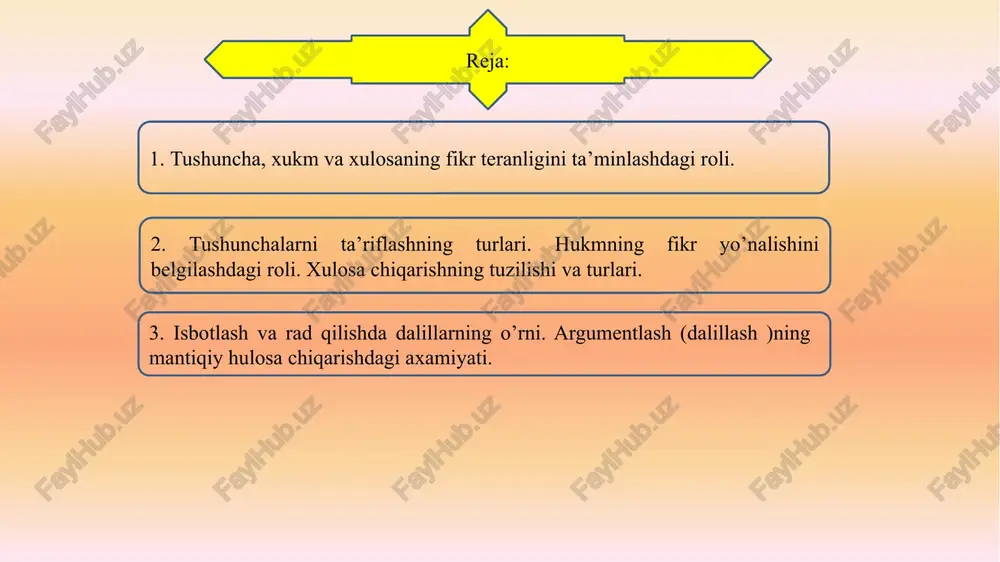 tiradi. 3.tafakkur insonning ijodiy faoliyatidan iborat 4.tafakkur til bilan uzviy aloqada mavjud -o'quv jarayonida ishlatiladigan tushuncha-larning, terminlarning aniq bo'lishiga, muammolarning mantiqan to'g'ri qo'yilishi va hal qilinishiga, mavjud gipotezalar strukturasini to'g'ri tahlil qila olishga, argumentlash qoidalaridan to'g'ri foydalanishga yordam beradi; -fan uchun formal mantiq murakkab muammolarni echish vositasini beradi mantiqni o'rganishning ahamiyati qadimgi hindiston mantiq-shunosligi uchta yirik davrni o'z ichiga oladi: 1.ilk budda mantig'i davri (er.av.vi-v asrlar); 2.nyaya, vaysheshika maktablarining mantiqiy ta'limoti(iii-v asrlar); 3.budda mantig'ining rivojlangan davri (vi-viii asrlar) mantiq ilmining rivojlanish tarixi arastu mantiqni “ma'lum bilimlardan noma'lum bilimlarni aniqlovchi”, “chin fikrni xato fikrdan ajratuvchi” fan sifatida ta'riflaydi. mantiqning vazifasi chin fikrni, haqiqatni aniqlashdir, deb ta'kidlaydi. arastuning mantiqiy ta'limotida xulosa chiqarish etakchi o'rinni egallaydi. abu nasr forobiyning fikricha, mantiq san'ati intellektning mukammalashuviga olib keluvchi va insonni haqiqat tomon yo'naltiruvchi qonunlarning majmuasini o'rganadi. mantiq ilmining rivojlanish tarixi ratsional bilish shakllari tushuncha aqliy xulosa hukm bu tajriba ma'lumotlarini umumlashtirish natijasidir, dunyoni o'rganish yakunidir …