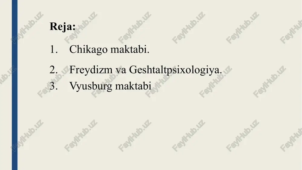 tirgan «psixologiya negizlari» kitobi nashrdan chiqdi. u psixologiyaning o‘quv dasturiga aylandi. chikago maktabi. jeyms va dpyuilar funksional psixologiyaning chikago maktabi dasturini tayyorlashadi. bu dastur 1906-yilda d.n.enjelo tomonidan amerika psixologiya assotsiatsiyasiga taqdim qilinadi. unda funksional psixologik jarayonlar haqida belgilanadi. jarayon ehtiyoj bilan muhit o‘rtasidagi birlamchi vazifani bajaradi. ongning asosiy belgilanishi «yangicha nisbatan akkomodatsiya (moslashish)»dir. organizm psixofizik butunlik sifatida harakat qiladi. shuning uchun psixologiya ong bilan chegaralanib qolmaydi. bu sohada enjelo strukturial psixologiyaga hujum qiladi. agar titchener (eduard bredford titchener vilgelm wundtning talabasi bo'lgan va odatda tizimli fikrlash maktabini tanitishga kirishgan) psixologiyani boshqa fanlardan qat’iy chegaralanishini talab qilsa, funksionalistlar uning nevrologiya, sotsiologiya, antropologiya bilan hamkorligini tarafdorlari bo‘lishdi. chikago maktabida mushaklar tuzilishi va ehtiyoj faktoriga katta ahamiyat berilgan. freydizm − bu avstriyalik psixiatr va psixolog zigmund freyd (1856-1939) nomidan olingan bo‘lib, psixologiya va nevropotologiyadagi alohida yo‘nalishdir. freyd ta’limotiga ko‘ra, shaxs psixologik hayotining asosi jinsiy lazzat olishga qaratilgan, tug‘ma ongsiz mayl(instinkt)dir. freyd insondagi 2 …