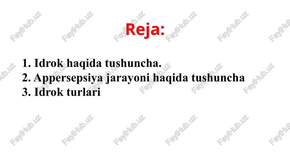 idir. appersepsiya hodisasi tufayli odamlar o’zaro idrokining mazmuni bilan bir-birlaridan muayyan darajada tafovutlanadilar, ya'ni ular aynan bir xil narsani uzining bilimi, saviyasi, nuqtai nazari, dunyoqarashi va ijtimoiy kelib chiqishiga asoslangan holda turlicha idrok qiladilar hamda aks ettiradilar. masalan: pedagogik va psixologik bilimlarga ega bo’lgan tarbiyachi bilan bunday bilimlardan mutlaqo xabarsiz bo’lgan oddiy bir onaning bolalaridagi turli ehtiyojlar va harakatlarni idrok qilishlari o’rtasida keskin farq mavjud. ildiz tushunchasini bolalar o’simliklarning moddiy asosi sifatida, matematiklar sonlarning ildizi ko’rinishida, ijtimoiy nuqtai-nazardan qarindosh-urug’chilik shaklida ko’z oldiga keltiradilar. illyuziya - bizga ta'sir qilayotgan narsalarni yanglish idrok qilish demakdir. odatda ikki xil illyuziya farqlanadi: a) ob'ektiv illyuziya; b) sub'ektiv illyuziya. ob'ektiv illyuziya - hamma odamlar uchun umumiy xarakterga ega bo’lib, uni geometrik illyuziya deb ham yuritiladi. sub'ektiv illyuziyalar -odamning ayni chog’dagi hissiy holati bilan bog’liq bo’ladi. boshqacha qilib aytganda, odamning hissiy holatida ro’y beradigan o’zgarishlar idrok jarayoniga ta'sir qiladi. voqelikdagi narsa va hodisalarning tana a'zolarini qabul …