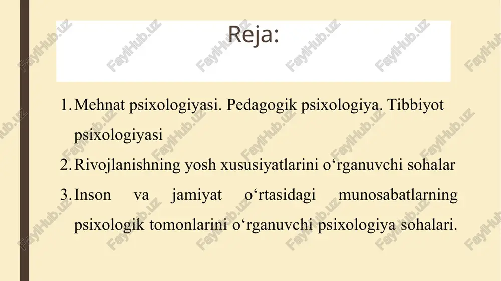 ar bilan miyadagi fiziologik tuzilishlar o‘rtasidagi nisbatni o‘rganadi; b) psixofarmakalogiya − dorivor moddalarning shaxs ruhiy holatiga ta’sirini o‘rganadi; v) psixoterapiya − bemorni davolash uchun ruhiy ta’sir vositalarini o‘rganadi. yuridik psixologiya − huquq tizimi bilan bog‘liq bo‘lgan psixologik masalalarni o‘rganadi. uning quyidagi tarmoqlari mavjud. a) sud psixologiyasi − jinoiy jarayon ishtirokchilarining xulq-atvorini, ruhiy xususiyatlarini tahlil qiladi; b) kriminal psixologiya − jinoyatchining xulq-atvori, shaxsining shakllanishiga doir psixologik masalalar, jinoyatning motivlari bilan shug‘ullanadi. harbiy psixologiya − kishining harbiy harakatlar sharoitidagi xulq-atvori bilan bog‘liq hodisalar o‘rtasidagi o‘zaro munosabatlarini, psixologik targ‘ibot metodlarini, harbiy texnikani boshqarishning psixologik muammolarini o‘rganadi. sport psixologiyasi − sportchilar shaxsi va faoliyati xususiyatlarini, ularning psixologik jihatdan tayyorligining shart-sharoitlari, musobaqalarni tashkil etish va o‘tkazish bilan bog‘liq psixologik omillarni o‘rganadi. savdo psixologiyasi − asosan, rivojlangan mamlakatlarda keng taraqqiy etgan bo‘lib, kishilar ruhiyatiga tijorat ta’sirini psixologik shart-sharoitini, xaridorlarga xizmat ko‘rsatishning psixologik omillarini aniqlaydi. modalar psixologiyasini tadqiq qiladi. san’at psixologiyasi − san’at asarlarining yaratilishida faoliyat-ning psixologik …