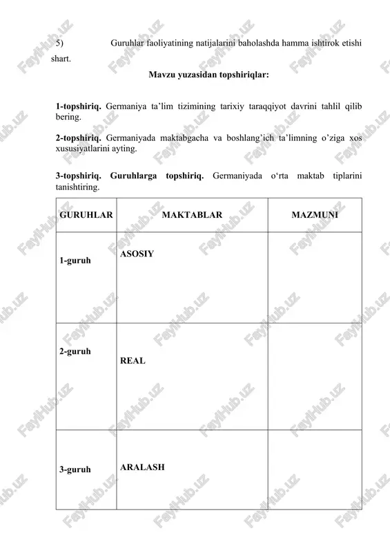 sbiy va oliy ta’lim tizimi. o‘zbekiston va germaniya ta’lim tizimining o'xshash va farqli jihatlarini tahlil qiling. guruhlar maktablar mazmuni 1-guruh kasbiy ta’lim 2-guruh oliy ta’lim 3-guruh o‘zbekiston ta’lim tizimi 4-guruh germaniya ta’lim tizimi 5-topshiriq. o‘zbekiston va germaniya ta’lim tizimining o'xshash va farqli jihatlarini tahlil qilib bering.