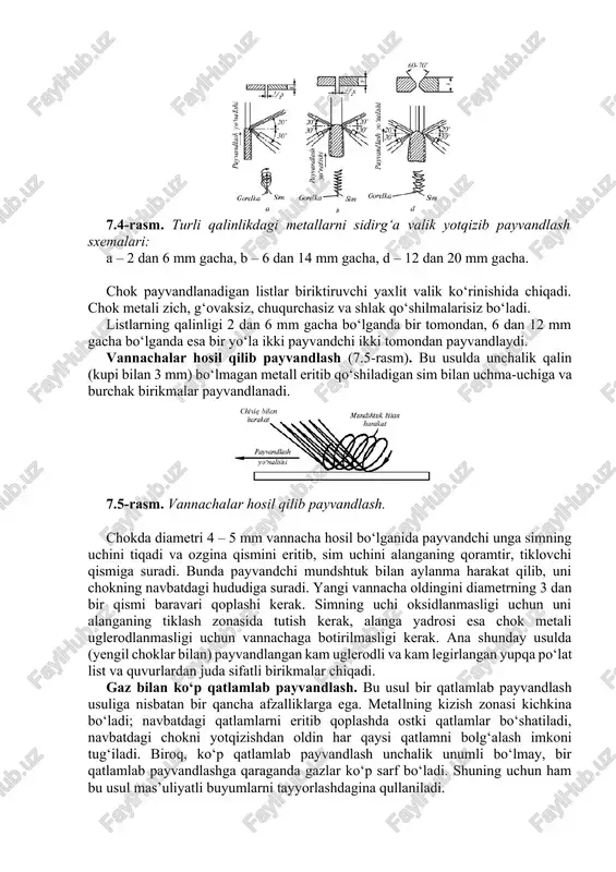payvandlanadi. shundan keyin alanga yuqoriga ko‘tarilib teshikning yuqori cheti eritiladi va teshikning ostki tomonida metallning navbatdagi eritilgan qatlami hosil qilinadi. xullas butun chok tamomila payvandlab bo‘lgunga qadar shu tariqa ishlanaveriladi. 7.4-rasm. turli qalinlikdagi metallarni sidirg‘a valik yotqizib payvandlash sxemalari: a – 2 dan 6 mm gacha, b – 6 dan 14 mm gacha, d – 12 dan 20 mm gacha. chok payvandlanadigan listlar biriktiruvchi yaxlit valik ko‘rinishida chiqadi. chok metali zich, g‘ovaksiz, chuqurchasiz va shlak qo‘shilmalarisiz bo‘ladi. listlarning qalinligi 2 dan 6 mm gacha bo‘lganda bir tomondan, 6 dan 12 mm gacha bo‘lganda esa bir yo‘la ikki payvandchi ikki tomondan payvandlaydi. vannachalar hosil qilib payvandlash (7.5-rasm). bu usulda unchalik qalin (kupi bilan 3 mm) bo‘lmagan metall eritib qo‘shiladigan sim bilan uchma-uchiga va burchak birikmalar payvandlanadi. 7.5-rasm. vannachalar hosil qilib payvandlash. chokda diametri 4 – 5 mm vannacha hosil bo‘lganida payvandchi unga simning uchini tiqadi va ozgina qismini eritib, sim uchini …
