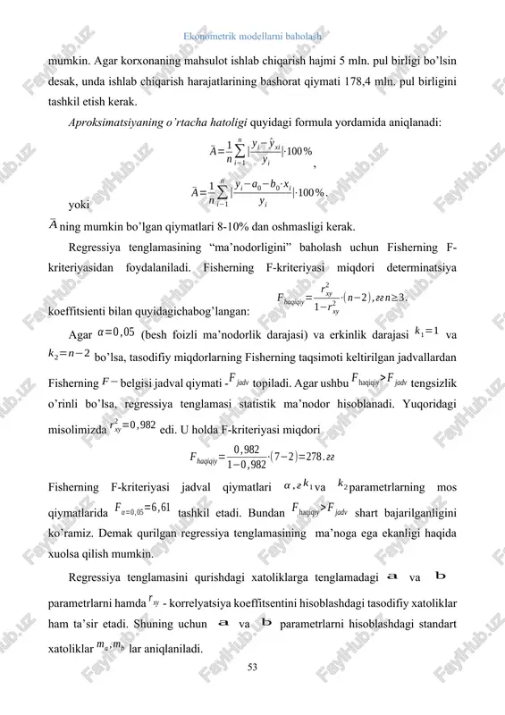 erak. regressiya tenglamasining “ma’nodorligini” baholash uchun fisherning f- kriteriyasidan foydalaniladi. fisherning f-kriteriyasi miqdori determinatsiya koeffitsienti bilan quyidagichabog’langan: agar (besh foizli ma’nodorlik darajasi) va erkinlik darajasi va bo’lsa, tasodifiy miqdorlarning fisherning taqsimoti keltirilgan jadvallardan fisherning belgisi jadval qiymati - topiladi. agar ushbu tengsizlik o’rinli bo’lsa, regressiya tenglamasi statistik ma’nodor hisoblanadi. yuqoridagi misolimizda edi. u holda f-kriteriyasi miqdori fisherning f-kriteriyasi jadval qiymatlari va parametrlarning mos qiymatlarida tashkil etadi. bundan shart bajarilganligini ko’ramiz. demak qurilgan regressiya tenglamasining ma’noga ega ekanligi haqida xuolsa qilish mumkin. regressiya tenglamasini qurishdagi xatoliklarga tenglamadagi va parametrlarni hamda - korrelyatsiya koeffitsentini hisoblashdagi tasodifiy xatoliklar ham ta’sir etadi. shuning uchun va parametrlarni hisoblashdagi standart xatoliklar lar aniqlaniladi. regressiya koeffitsientining tasodifiy xatoligi quyidagi formula bilan aniqlaniladi: regressiya tenglamasining parametri tasodifiy xatoligi quyidagi formula bilan aniqlaniladi: chiziqli korrelyatsiya koeffitsientining tasodifiy xatoligi esa formula asosida aniqlaniladi: 5.2. chiziqli regressiya tenglamasi intervalining bashorati regressiya tenglamasi parametrlarining statistik ma’nodorligini baholash styudent- kriteriyasi yordamida ham amalga …