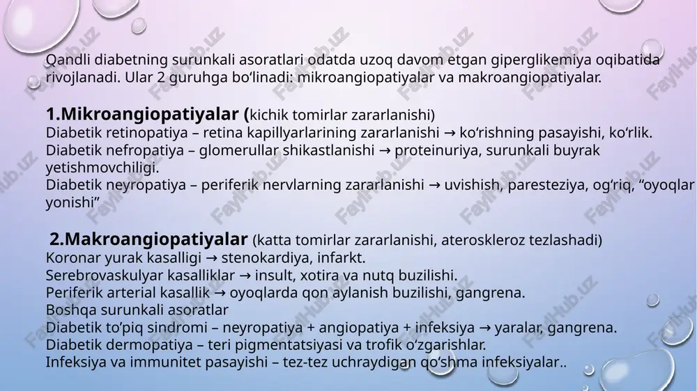 (mikroinfarkt) yuz beradi. klinikasida «yumshoq oq dog‘lar» ko‘rinadi. -lipidlarning cho‘kishi, zich ekssudat shakllanishiga olib keladi” ➡️ qonda yog‘lar (lipidlar) ko‘p bo‘lgani uchun u tomir tashqarisiga chiqib, retina qatlamlarida cho‘kadi. bu “qattiq ekssudatlar”ni hosil qiladi. -to‘r pardada proliferatsiyalanuvchi tomirlarning o‘sishi yangi shunt va anevrizmalar hosil qiladi -➡️ normal qon aylanish buzilib, arteriya bilan vena orasida qisqa yo‘l (shunt) paydo bo‘ladi. venalar kengayadi, lekin retina hujayralariga yetarli qon bormaydi → gipoperfuziya yanada kuchayadi. -retina kislorodsiz qolib yemiriladi (dezintegriya). yangi hosil bo‘lgan tomirlar va chandiqlar ko‘zning shisha tanasi (vitreus)ga yopishadi. ular tortib turishi natijasida retina ko‘chib ketadi (retinal dekolman). -massiv qon tomirlar infarkti va anevrizmalarning yorilishi hisobiga shishasimon tanaga qon quyilishi” -iris (ko‘zning rangli qismi) tomirlari ham o‘sib ketadi. bu ko‘z ichi suyuqligi oqimini to‘sib qo‘yadi → ko‘z ichi bosimi ko‘tarilib, sekundar glaukoma rivojlanadi. -➡️ retina, ayniqsa markaziy ko‘rish joyi (makula) shishadi. bu diabetik makulopatiya bo‘lib, bemorda ko‘rish markaziy qismi yomonlashadi, yozuvlarni o‘qish …
