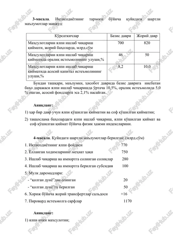 an olingan 20 - “qolgan dunyo”ga berilgan 50 6. xorij bo'yicha joriy transfertlar saldosi +16 7. pirovard iste'molga sarflar 1170 aniqlang: 1) yalpi ichki maxsulotni; 2) yalpi ixtiyoridagi daromadni; 3) yalpi jamg'arishni. 5-masala. quyidagi shartli ma'lumotlar asosida yaimning hajmini bozor baholarida 3ta usulda aniqlang (mlrd.so'm): t/r ko'rsatkich qiymati 1. tovar va xizmatlarning yalpi ishlab chiqarishi, asosiy baholarda 11073 2. oraliq iste'moli (bilvosita o'lchanadigan moliya vositachiligi xizmatlari bilan birga) 5756 3. mahsulot va importga solingan soliqlar 1061 4. ishlab chiqarishga boshqa soliqlar 329 5. yollangan xodimlarning mehnat haqi 2670 6. pirovardida iste'molga sarflar: a)uy xo'jaliklarida b)davlat muassasalarida v)uy xo'jaliklariga xizmat ko'rsatuvchi notijorat tashkilotlarida 2660 1153 28 7. asosiy kapitalning yalpi jamg'armasi 1820 8. moddiy aylanma vositalar g'amlamasining o'zgarishi 119 9. tovar va xizmatlar eksporti 1255 10. tovar va xizmatlar importi 1204 11. mahsulot va importga berilgan subsidiya 648 6-masala. respublikada 2000-2009 yillar bo'yicha quyidagi ma'lumotlar mavjud: yillar yaim, joriy baholarda, mlrd.so'm …