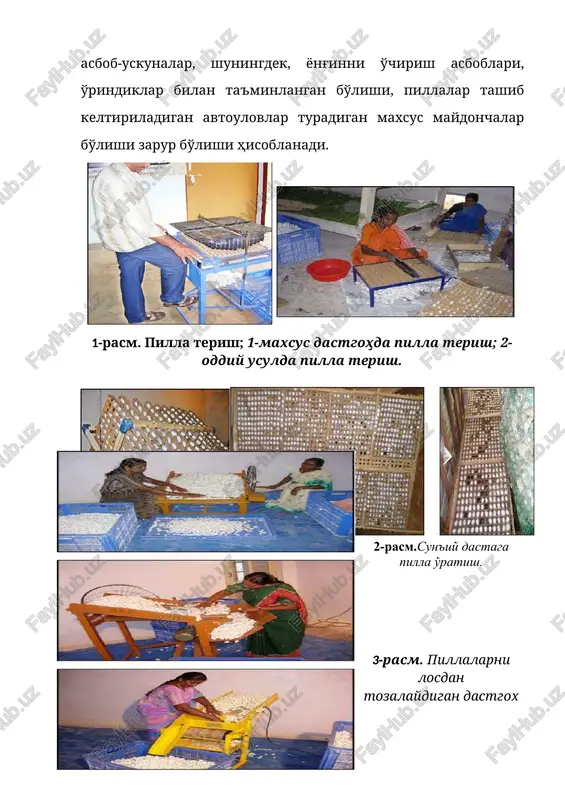 hib chiqadi. pillalarning g'umbagini o'ldirish va quritish tartibi. pilla yigirish fabrikalarini yil davomida xom-ashyo bilan ta'minlash maqsadida pillalarning ichidagi g'umbagi o'ldiriladi, keyin qo'ritiladi. pilla ichidagi tirik g'umbakni turli yo'llar bilan o'ldirish mumkin. jumladan, to'g'ridan-to'g'ri tushayotgan quyosh nuri, issiq havo (kamida 600 s) issiq suv bug'i bilan, turli zaharlovchi moddalarning bug'lari bilan, radioaktiv nurlar, har xil kuchlanishdagi va har xil ko'rinishdagi elektr toki ta'sirida va boshqa kimyoviy hamda fizik ta'sir ko'rsatish yo'llari bilan amalga oshirish mumkin. ishlab chiqarishda pillalarning g'umbagi dastlabki ishlov berish punktarida faqat ikki usulda: pillani issiq bug'da bug'lab, keyin havoda kuritish va pillaga issiq havo ta'sir ettirish yo'li bilan o'ldiriladi. pillalarning g'umbagi o'lgach, ular kameradan vagonetkasi bilan tashkariga chiqariladi. 10 - 15 minutdan keyin yashiklar vagonetkadan olinadi va 20 minut davomida sovutiladi. keyin quritish uchun usti yopiq surilarga olib borib yoyiladi. u erda pillalar bir - ikki oy davomida ochiq havoda quritiladi. pillalar qabul punktidan pillalarga dastlabki ishlov …