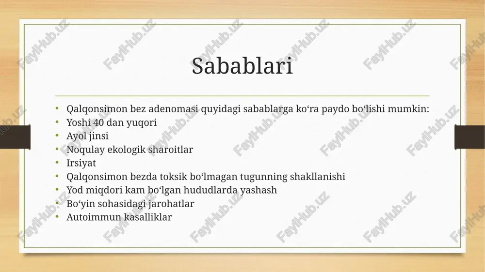 ash) adenomani spirtli eritma bilan sklerozlash radioaktiv yod bilan davolash xavf qalqonsimon bez adenomasi aniqlanganda vahimaga tushish kerak emas. ko‘pchilik hollarda bu yaxshi sifatli hosila bo‘lib, kamdan kam hollarda xavfli bo‘lib qoladi. agar mutaxassislarga murojaat qilinsa va shifokor tavsiyalariga amal qilinsa, umuman olganda, davolashning oqibati yaxshi bo‘ladi. oldini olish qalqonsimon bez adenomasining oldini olish uchun quyidagilar tavsiya etiladi: sog‘lom turmush tarzini olib borish; endokrinologga muntazam ravishda tashrif buyurishi; gormonal preparatlarni qabul qilishda ehtiyotkorlik bilan yondashish; sanatoriy-kurort zonalarida vaqti-vaqti bilan sog‘lomlashishga; atrof-muhitning salomatlikka salbiy ta’siridan saqlanish. image3.png image4.png