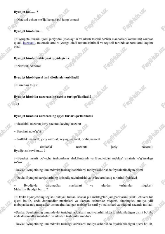 axborotlarni taqdim etadi byudjet hisobi funktsiyasi quyidagicha. {=nazorat, axborot byudjet hisobi qaysi tashkilotlarda yuritiladi? {=barchasi to’g’ri byudjet hisobida nazoratning nechta turi qo’llaniladi? {=3 byudjet hisobida nazoratning qaysi turlari qo’llaniladi? {=dastlabki nazorat; joriy nazorat; keyingi nazorat ~ barchasi noto’g’ri ~ dastlabki nazorat; joriy nazorat; keyingi nazorat, oraliq nazorat ~ dastlabki nazorat; joriy nazorat} byudjet so‘rovi bu…. ? {=byudjet tasnifi bo‘yicha tushumlarni shakllantirish va byudjetdan mablag‘ ajratish to‘g‘risidagi so‘rov ~davlat byudjetining umumdavlat tusidagi tadbirlarni moliyalashtirishda foydalaniladigan qismi ~ davlat byudjeti xarajatlarining iqtisodiy tayinlanishi va to‘lovlarni aniq turlarini ifodalayd ~ byudjetda daromadlar manbalari va ulardan tushumlar miqdori} mahalliy byudjet bu…. ? {=davlat byudjetining tegishli viloyat, tuman, shahar pul mablag‘lari jamg‘armasini tashkil etuvchi bir qismi bo‘lib, unda daromadlar manbalari va ulardan tushumlar miqdori, shuningdek moliya yili mobaynida aniq maqsadlar uchun ajratiladigan mablag‘lar sarfi yo‘nalishlari va miqdori nazarda tutiladi ~davlat byudjetining umumdavlat tusidagi tadbirlarni moliyalashtirishda foydalaniladigan qismi bo‘lib, unda daromadlar manbalari va ulardan tushumlar miqdori …