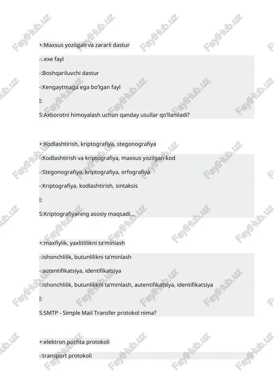 anish huquqini cheklovchi matritsa modeli bu... +:bella la-padulla modeli -:dening modeli -:landver modeli -:huquqlarni cheklovchi model i: s:kalit – bu … +:matnni shifrlash va shifrini ochish uchun kerakli axborot -:bir qancha kalitlar yig’indisi -:axborotli kalitlar to’plami -:belgini va raqamlarni shifrlash va shifrini ochish uchun kerakli axborot i: s:qo’yish, o’rin almashtirish, gammalash kriptografiyaning qaysi turiga bog’liq? +:simmetrik kriptotizimlar -:assimetrik kriptotizimlar -:ochiq kalitli kriptotizimlar -:autentifikatsiyalash i: s:autentifikatsiya nima? +:ma’lum qilingan foydalanuvchi, jarayon yoki qurilmaning haqiqiy ekanligini tekshirish muolajasi -:tizim me’yoriy va g’ayritabiiy hollarda rejalashtirilgandek o’zini tutishligi holati -:istalgan vaqtda dastur majmuasining mumkinligini kafolati -:tizim noodatiy va tabiiy hollarda qurilmaning haqiqiy ekanligini tekshirish muolajasi i: s:identifikatsiya bu- … +:foydalanuvchini uning identifikatori (nomi) bo’yicha aniqlash jarayoni -:ishonchliligini tarqalishi mumkin emasligi kafolati -:axborot boshlang’ich ko’rinishda ekanligi uni saqlash, uzatishda ruxsat etilmagan o’zgarishlar -:axborotni butunligini saqlab qolgan holda uni elementlarini o’zgartirishga yo’l qo’ymaslik i: s:o’rin almashtirish shifri bu - … +:murakkab bo’lmagan kriptografik akslantirish -:kalit asosida …