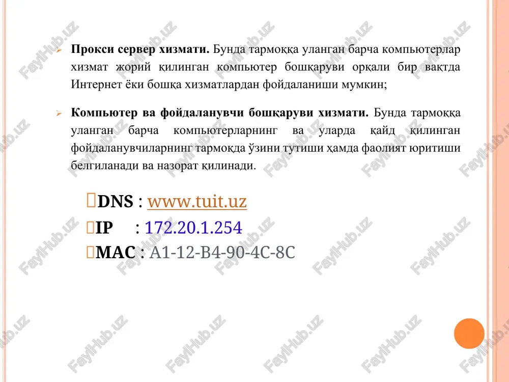 al kompyuter tarmog'idir. · internet (internet) - minglab lokal va mintaqaviy kompyuter tarmoqlarni birlashtiruvchi axborot tizimi hisoblanadi. · www – world wide web – butun dunyo o'rgamchak to'ri hisoblanib, internet resurslarini tashkil etish va undan foydalanishni ta'minlab beradi. · elektron pochta – internet tarmog'i orqali tezkor ma'lumotlar va xabarlar almashish tizimi · internet manzil (url) – internet tarmog'ida joylashtirilgan axborot resurslarining murojaat manzillari. · proxy – lokal tarmoqqa ulangan kompyuterlarni bitta aloqa kanali orqali internet xizmatidan foydalanishni tashkil etish xizmati veb server – veb sahifalarni joylashtirish, boshqarish va ulardan foydalanishni tashkil etish hamda foydalanuvchilar so'rovlariga ishlov berish xizmati internetga bog'lanish · internetga bog'lanish. internet tarmog'iga ulanish ajratilgan aloqa kanali (optik tola, sun'iy yo'ldosh aloqasi, radiokanal, ajratilgan kommutatsiyalanmaydigan telefon liniyasi) bo'yicha doimiy ulanish, shuningdek kommutatsiyalanadigan, ya'ni uzib-ulanadigan ulanish (dialur access, dial-ur) ko'rinishida amalga oshiriladi. · telefon liniyasi orqali internetga ulanish. internet tarmog'iga oddiy telefon tarmoqlari orqali standart modem qurilmalari yordamida ulanish …