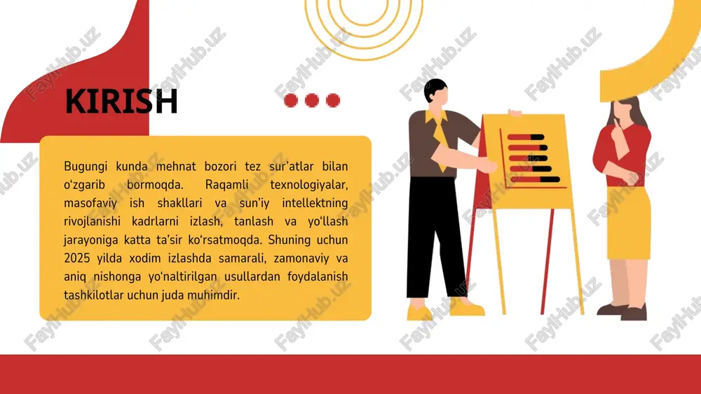at nomzodlarni o‘ziga jalb qiladi. xodim izlashda qo‘llanilayotgan yangi texnologiyalar ai tahlil — rezyume va intervyularni avtomatik baholash. vr (virtual reality) intervyular — masofadan turib, haqiqiy muhitda suhbat o‘tkazish. gamifikatsiya — nomzodlarni sinovdan o‘tkazishda o‘yin usullaridan foydalanish. data analytics — kadrlar oqimini, ish samaradorligini tahlil qilish. 2025 yilga kelib, ishchi kuchi bozori butunlay yangicha ko‘rinish kasb etdi. avvallari ish beruvchi ishchini tanlasa, bugungi kunda ko‘p hollarda ishchi ish beruvchini tanlaydi. bu shuni anglatadiki, har bir tashkilot o‘zini jozibador ish beruvchi sifatida ko‘rsatishga majbur. endi xodim izlash shunchaki e’lon berish emas, balki marketing, texnologiya va psixologiyaning uyg‘unlashgan jarayoniga aylandi. kadrlar tanlashda endi faqat texnik bilimlar emas, balki insoniy fazilatlar, shaxsiy qadriyatlar va moslashuvchanlik muhim o‘rin egallamoqda. har bir kompaniya o‘zining maqsadi, qadriyati va madaniyatiga mos kadr topishni istaydi. shu sababli, 2025 yilda “soft skills” — muloqot, jamoada ishlash, muammolarni hal qilish, ijodiy fikrlash va liderlik qobiliyatlari birinchi o‘ringa chiqdi. so‘nggi yillarda …