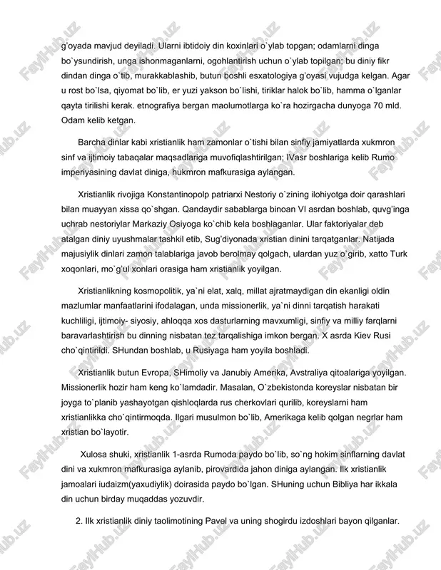 hib, butun boshli esxatologiya g’oyasi vujudga kelgan. agar u rost bo`lsa, qiyomat bo`lib, er yuzi yakson bo`lishi, tiriklar halok bo`lib, hamma o`lganlar qayta tirilishi kerak. etnografiya bergan maolumotlarga ko`ra hozirgacha dunyoga 70 mld. odam kelib ketgan. barcha dinlar kabi xristianlik ham zamonlar o`tishi bilan sinfiy jamiyatlarda xukmron sinf va ijtimoiy tabaqalar maqsadlariga muvofiqlashtirilgan; ivasr boshlariga kelib rumo imperiyasining davlat diniga, hukmron mafkurasiga aylangan. xristianlik rivojiga konstantinopolp patriarxi nestoriy o`zining ilohiyotga doir qarashlari bilan muayyan xissa qo`shgan. qandaydir sabablarga binoan vi asrdan boshlab, quvg’inga uchrab nestoriylar markaziy osiyoga ko`chib kela boshlaganlar. ular faktoriyalar deb atalgan diniy uyushmalar tashkil etib, sug’diyonada xristian dinini tarqatganlar. natijada majusiylik dinlari zamon talablariga javob berolmay qolgach, ulardan yuz o`girib, xatto turk xoqonlari, mo`g’ul xonlari orasiga ham xristianlik yoyilgan. xristianlikning kosmopolitik, ya`ni elat, xalq, millat ajratmaydigan din ekanligi oldin mazlumlar manfaatlarini ifodalagan, unda missionerlik, ya`ni dinni tarqatish harakati kuchliligi, ijtimoiy- siyosiy, ahloqqa xos dasturlarning mavxumligi, sinfiy va …