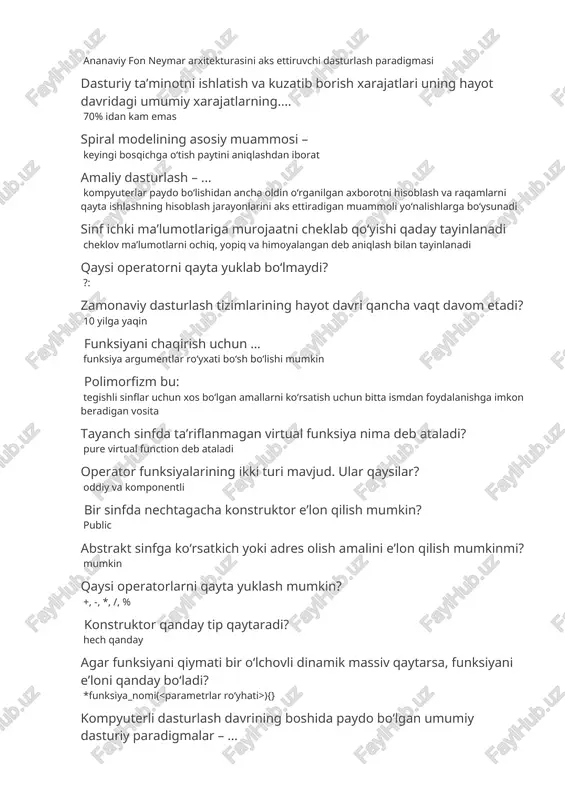 ayonlarini aks ettiradigan muammoli yo‘nalishlarga bo‘ysunadi sinf ichki ma’lumotlariga murojaatni cheklab qo‘yishi qaday tayinlanadi cheklov ma’lumotlarni ochiq, yopiq va himoyalangan deb aniqlash bilan tayinlanadi qaysi operatorni qayta yuklab bo‘lmaydi? ?: zamonaviy dasturlash tizimlarining hayot davri qancha vaqt davom etadi? 10 yilga yaqin funksiyani chaqirish uchun … funksiya argumentlar ro‘yxati bo‘sh bo‘lishi mumkin polimorfizm bu: tegishli sinflar uchun xos bo‘lgan amallarni ko‘rsatish uchun bitta ismdan foydalanishga imkon beradigan vosita tayanch sinfda ta’riflanmagan virtual funksiya nima deb ataladi? pure virtual function deb ataladi operator funksiyalarining ikki turi mavjud. ular qaysilar? oddiy va komponentli bir sinfda nechtagacha konstruktor e’lon qilish mumkin? public abstrakt sinfga ko‘rsatkich yoki adres olish amalini e’lon qilish mumkinmi? mumkin qaysi operatorlarni qayta yuklash mumkin? +, -, *, /, % konstruktor qanday tip qaytaradi? hech qanday agar funksiyani qiymati bir o‘lchovli dinamik massiv qaytarsa, funksiyani e’loni qanday bo‘ladi? *funksiya_nomi( ){} kompyuterli dasturlash davrining boshida paydo bo‘lgan umumiy dasturiy paradigmalar – …