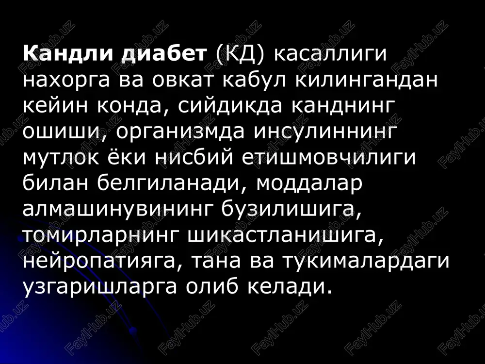 il ganda; insulinga nisbatan retseptorlarni uzgarishi; irsiy belgilar; turli sabablar. ii. kandga chidamliligini buzilishi. iii. xomiladorlikdagi kandli diabet. diabetning ogirlik darajasi: engil (1-chi daraja); urtacha (2-chi daraja); ogir (3-chi daraja). moslashish xolati: moslashgan; moslasha olmagan; mutlok moslasha olmay kolgn diabetning utkir asoratlari: (kupincha axvoliga yarasha davolanma-ganligidan kelib chikkan). ketoatsidoz komasi; giperosmolyar komasi; laktoatsidotik koma; gipoglikemik koma. diabetning surunkali asoratlari: mikroangiopatiya (retinopatiya, nefropatiya); makroangiopatiya; neyropatiya. kandli diabet turlarining farki belgi 1 tur ii tur xastalik boshlangandagi yoshi yoshi 35 gacha 35 yoshdan sung xastalik boshlanishi utkir asta-sekin tana ogirligi kamaygan kupincha semirgan klinik belgilarni anik paydo bulishi keskin urta xol ketoatsidoz ketoatsidozga moyillik ketoatsidoz rivojlanmaydi zardobdagi insulin insulinopeniya giperinsulinemiya yoki norma (insulinopeniya juda kam xollarda) kandli diabet turlarining farki be lgi 1tur ii tur me'da osti bezining xolati xujayralarning mikdorini kamayishi ularning degranuyatsiyasi, tarkibidagi insulining kamayishi xujayralarning mikdori kamaymagan, insulinning mikdori uzgarmagan me'da osti bezi ga nisbatan antitelalar xamma xollarda uchraydi …